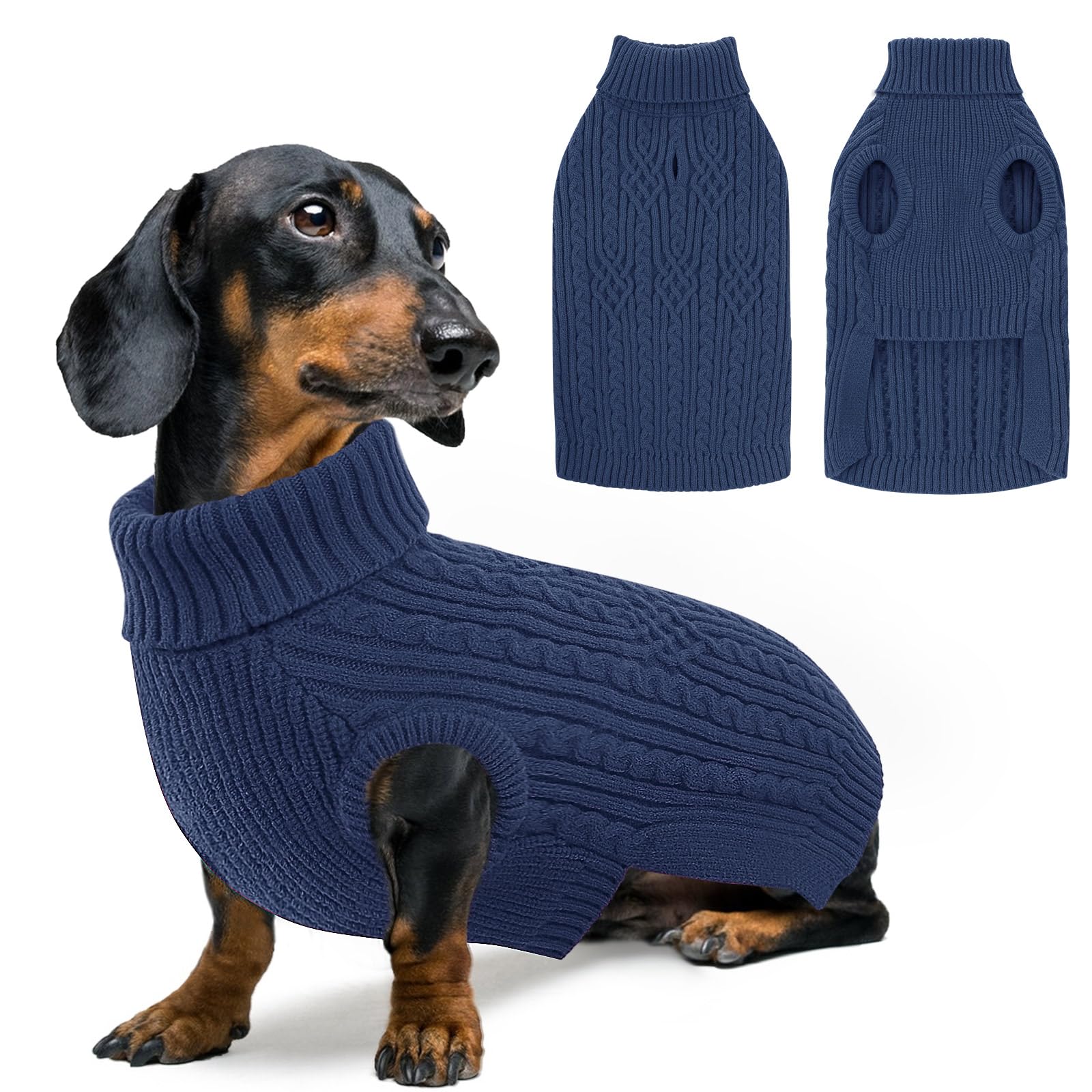 AOFITEE Small Dog Jumper, Warm Turtleneck Dog Jumpers for Small Dogs Girls Boys, Winter Dog Christmas Jumper with Harness Hole, Thermal Puppy Knitted Jumpers Dachshund Knitwear, Blue S