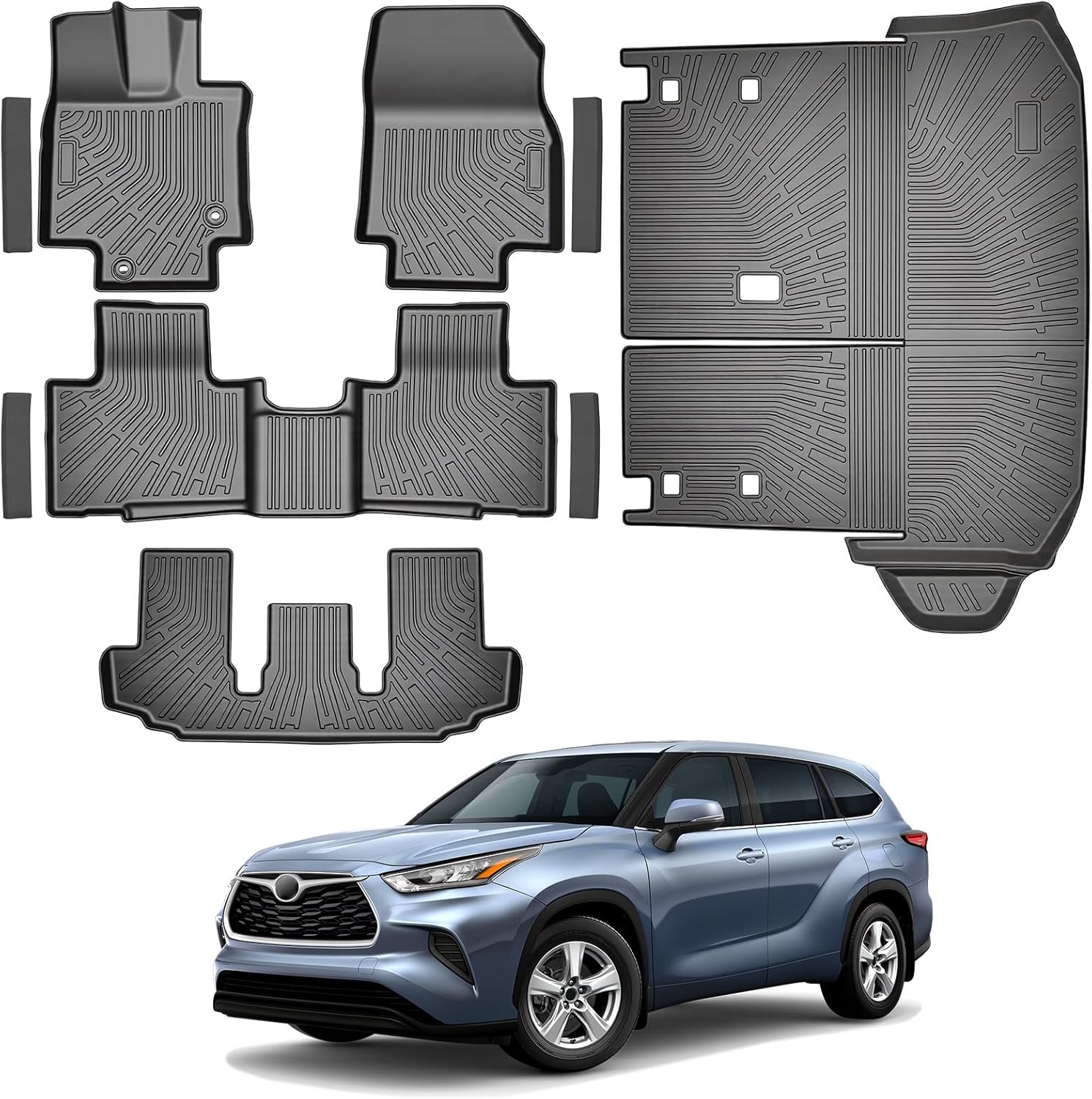Floor Liner & Cargo Mat for Toyota Highlander 2020-2025 | TPE All-Weather Complete Front, 2nd & 3rd Row Protection with Door Sill Guards | Full Set SUV Interior Defense System 9-Piece