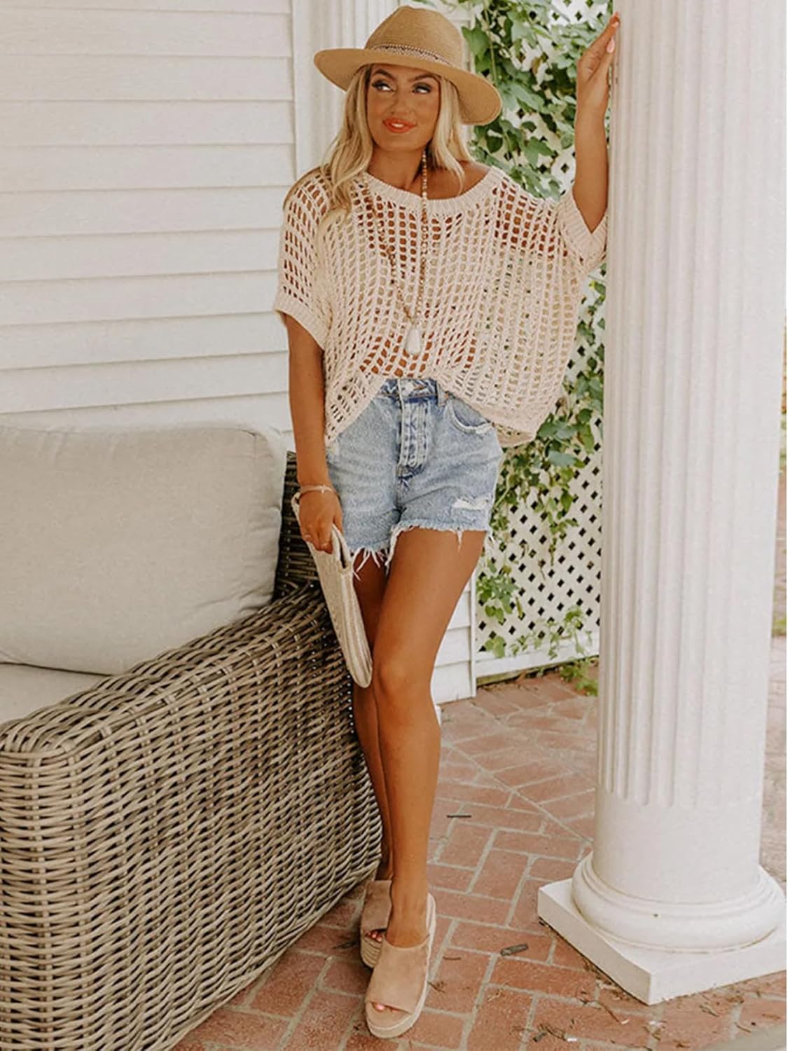 Crochet Tops for Women Off The Shoulder Beach Coverup for Swimsuit Oversized Hollow Out Summer Tops