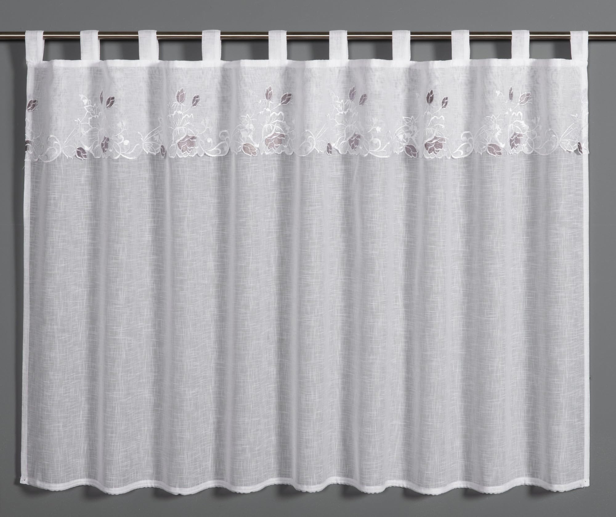 Gardinia Dolly Voile Bistro Curtain with Embroidery Border, White, 135 x 75 cm