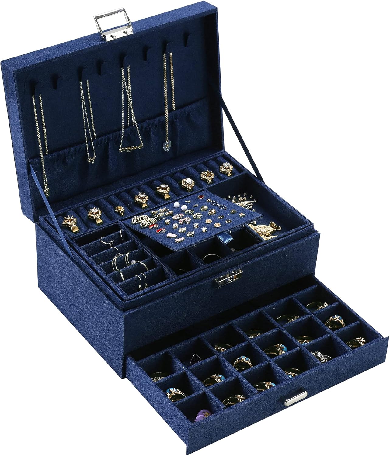 Women Jewelry Organizer Box, 3-Layer Velvet Jewelry Boxes Display Storage Case with Lock for Rings Necklace Earrings (Navy blue) ZUZ002C