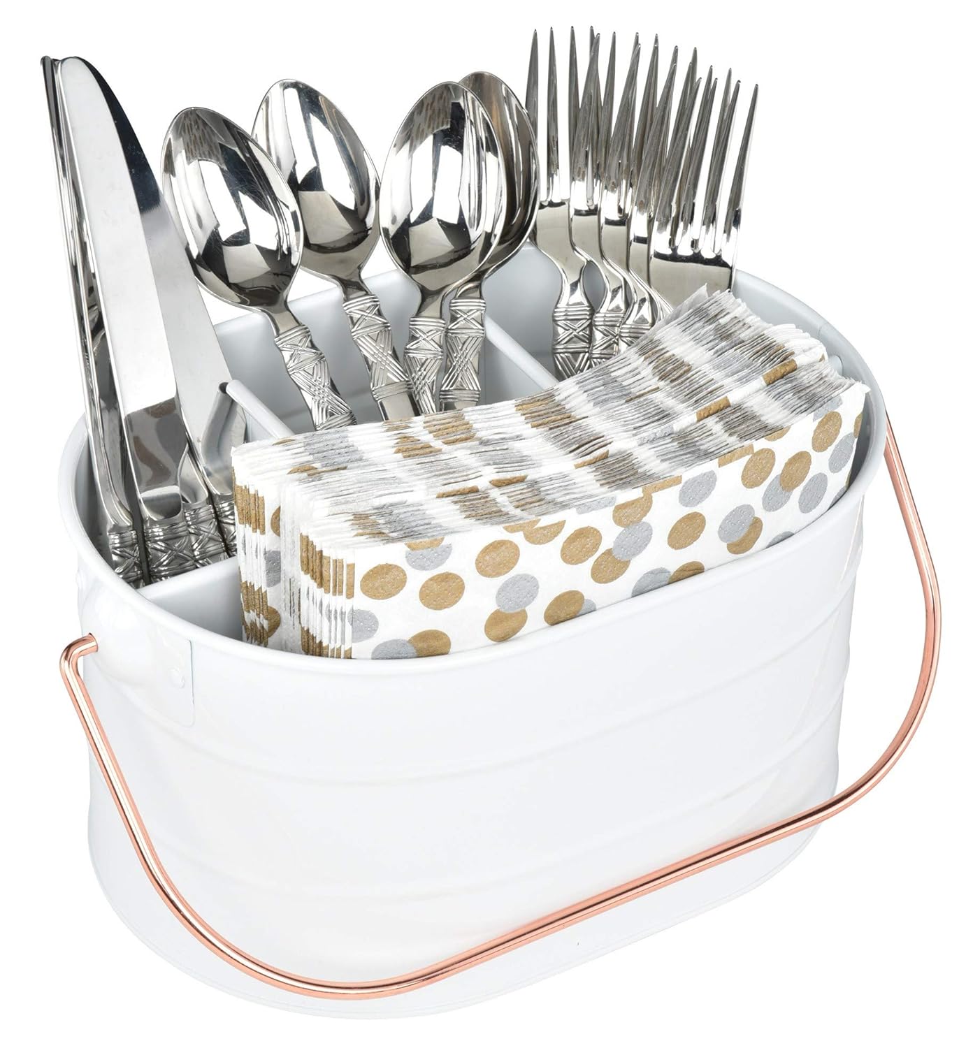 Red Co 10 x 7 Enameled Metal Utensil Caddy Countertop Flatware Organizer with Handle Farmhouse White Rose Gold