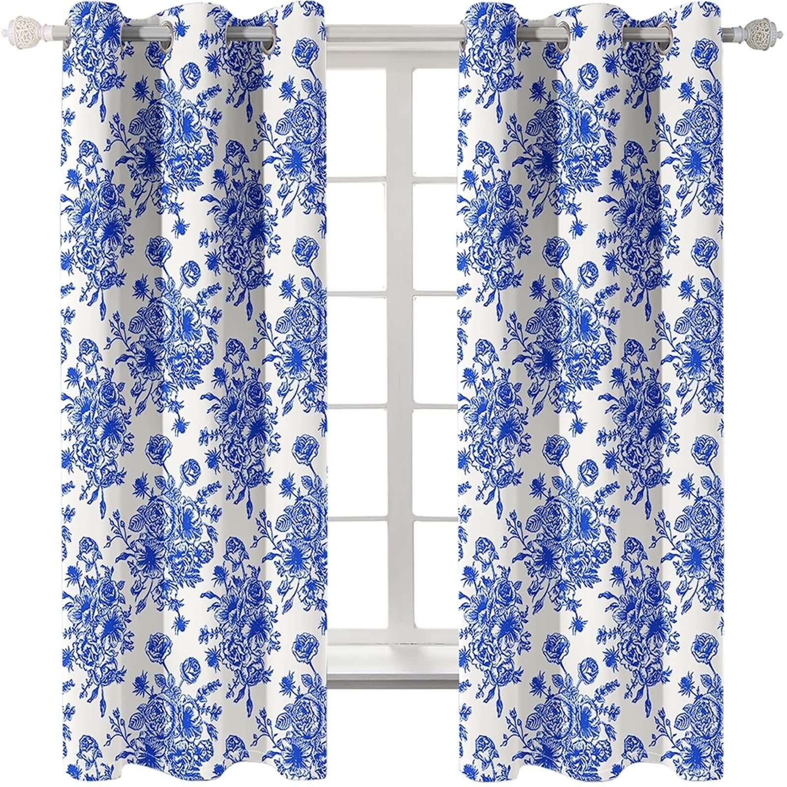 Homxi Curtains Blackout 2 Panels,2 x 52 W x 108" H,Curtains Blackout Thermal White Blue Flower Print Drapes with Grommets
