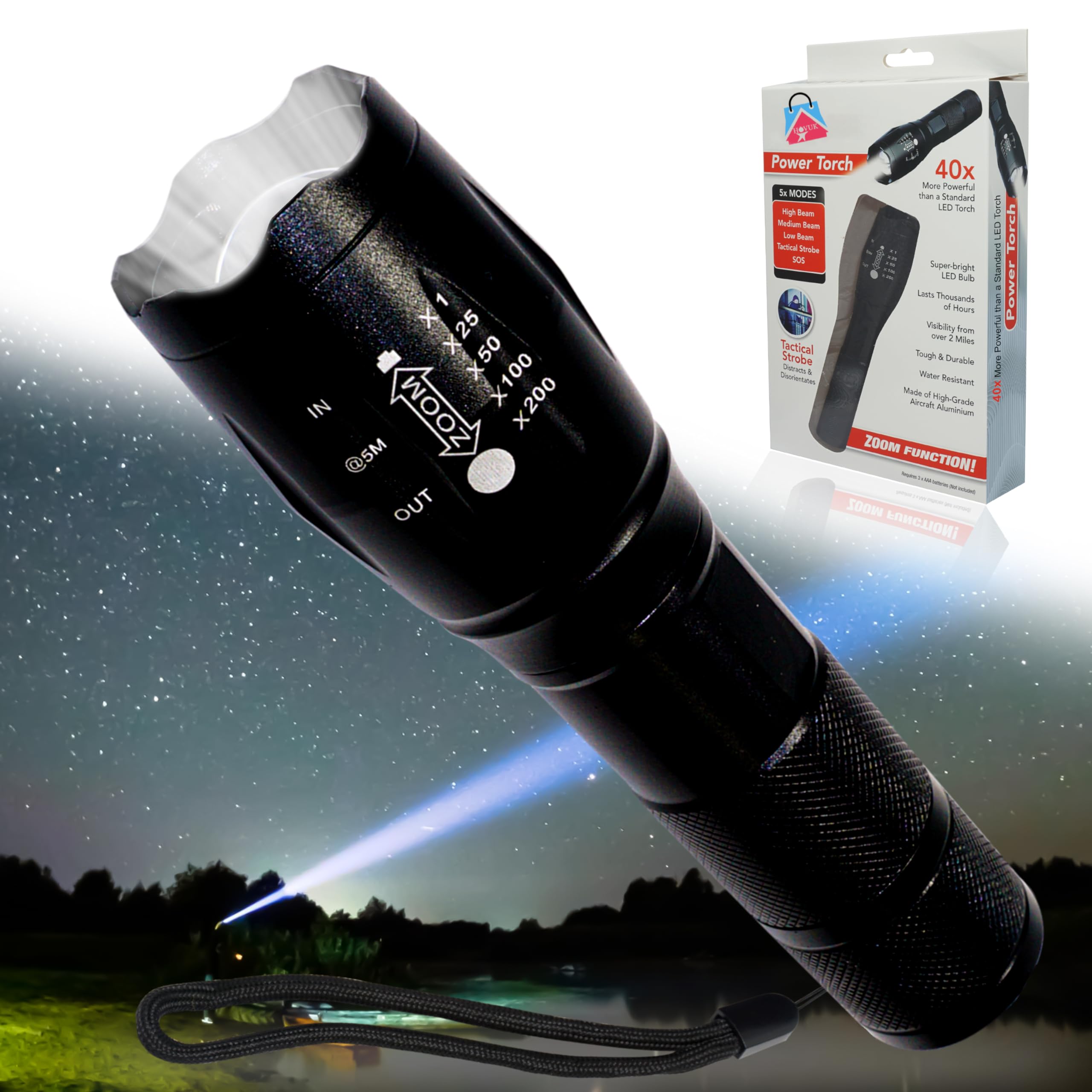 Hovuk 1X- Flashlight Black Led Flashlight 13Cm| Tactical Torch High Lumens With 5 Modes| Bright 2000 Lumens| Portable Flashlight For Camping Hiking Home Emergency