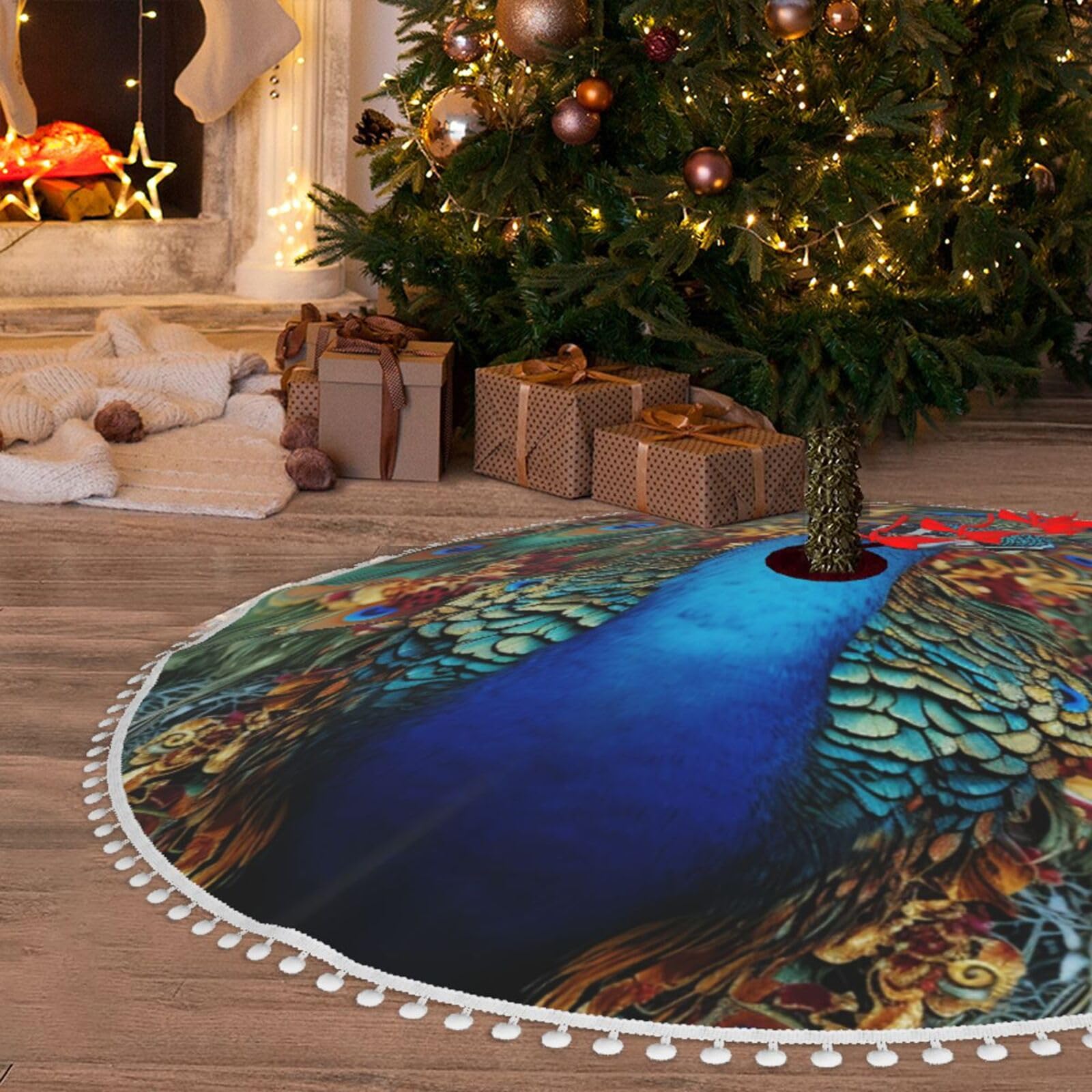 Jupe de sapin de Noël paon peluche blanche 122 cm grand tapis arbre fêtes