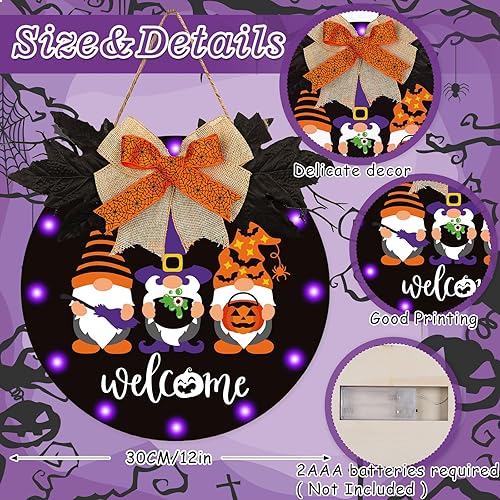 Miniatura 2 de Whaline Letrero de puerta de bienvenida de gnomo de Halloween iluminado de madera con 12 luces LED, luz morada, colgador de puerta para el hogar,