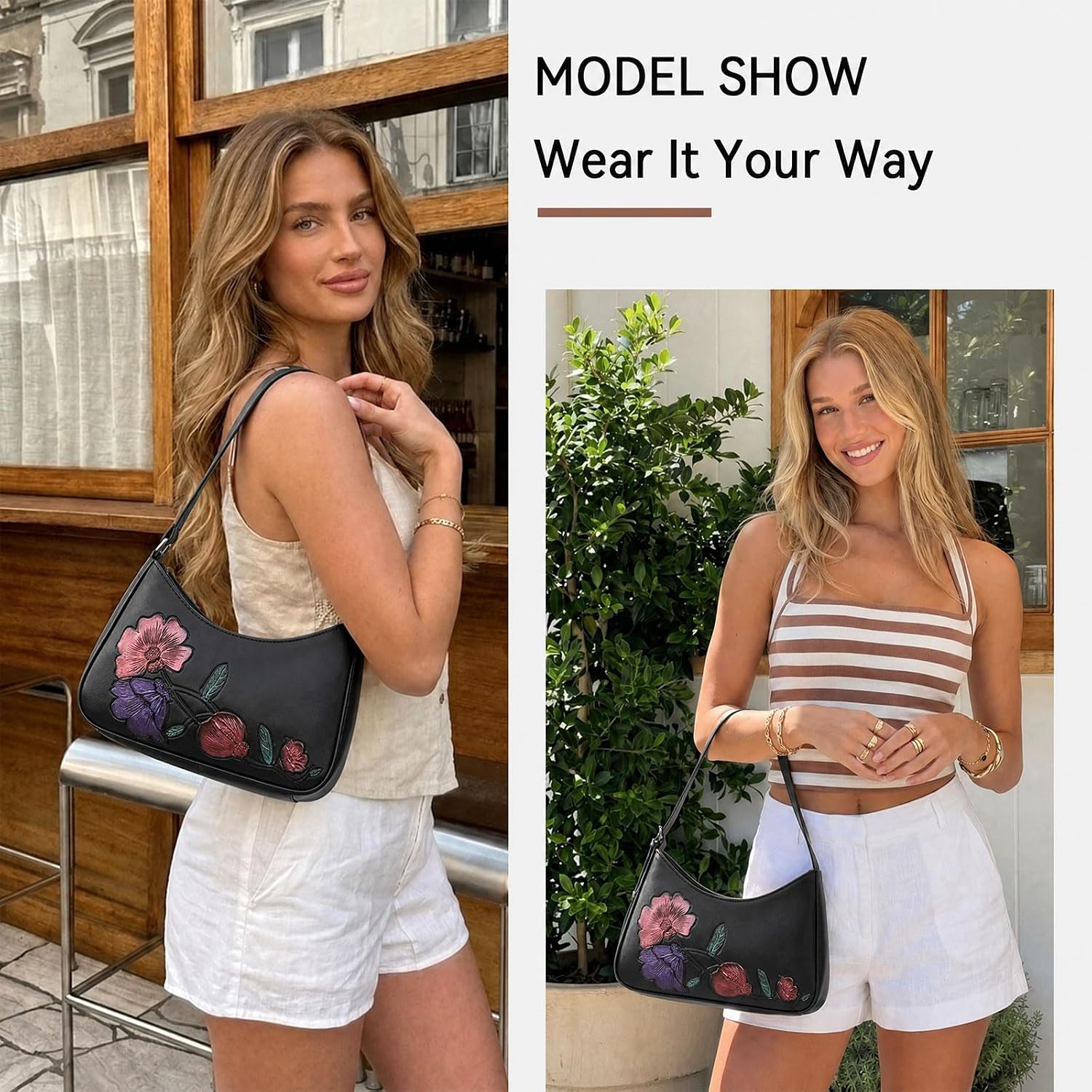 BELTAN Shoulder Bag for Women Floral Embossed Vegan Leather Small Purse Crescent Underarm Hobo Handbag with Adjustable Strap