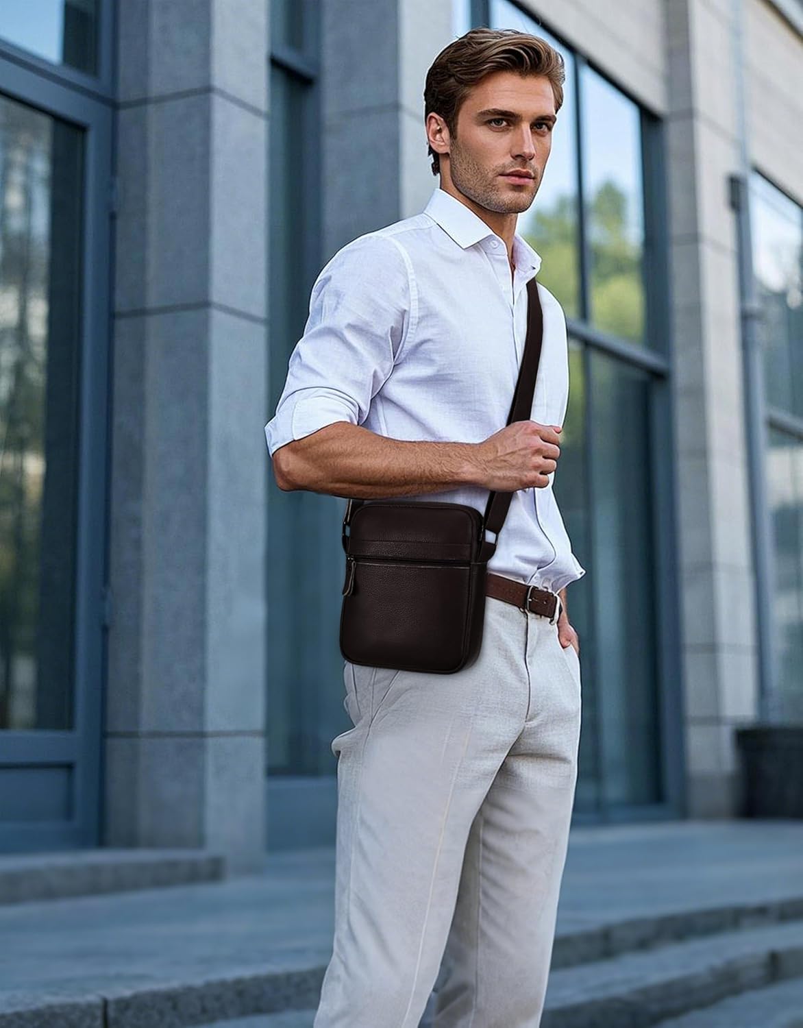 Leathario Men's Crossbody Shoulder Bag, Genuine Leather Small Messenger Satchel for Work Business Travel, Black Side Purse - Image 9