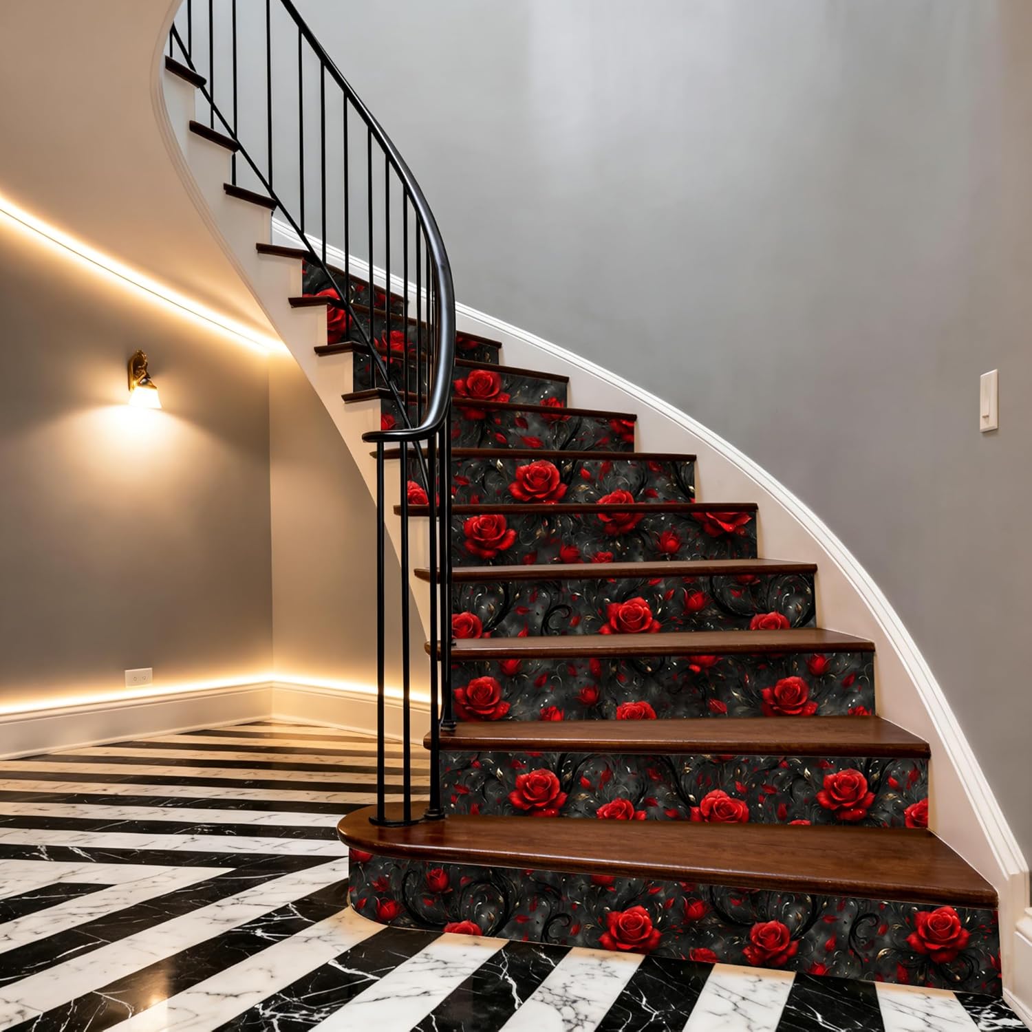 Peel and Stick Gothic Wallpaper Self Adhesive Dark Rose Wall Paper Removable Renter Friendly Wallpaper Contact Paper for Cabinets Kitchen, Red and Black 17.7x197 in