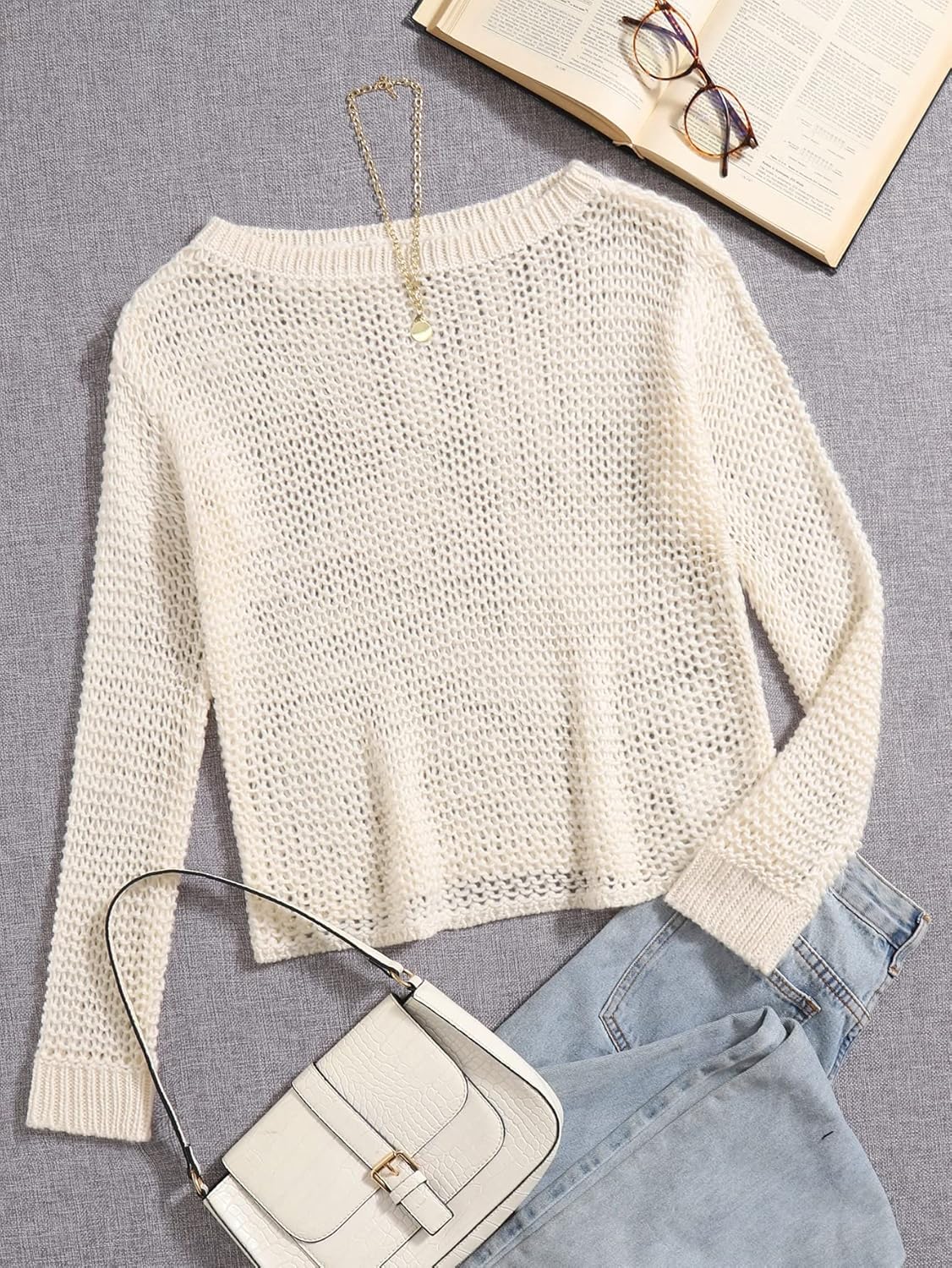 Women's Sweater Drop Shoulder Open Knit Sweater Without Bra Sweater for Women (Color : Beige, Size : Small)