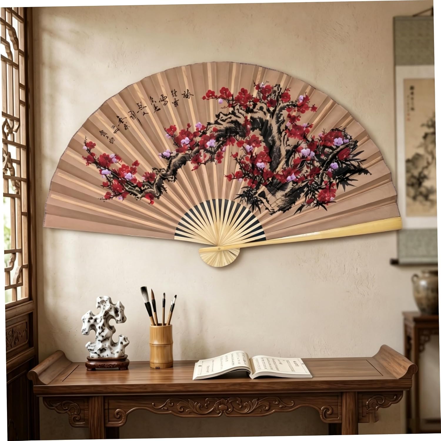 Large Fan Wall Decor, Japanese Wall Fan Decor, Traditional Plum Pattern Dual-Purpose Silk Hanging Fans, 2.95x1.64ft..