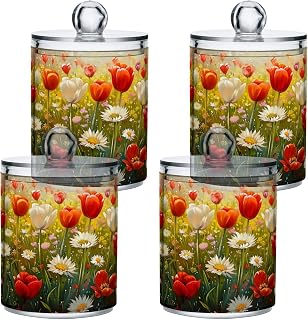 4 Pack Colorful Flowers Painting Qtip Holder Dispenser for Cotton Ball, Cotton Swab - Plastic Apothecary Jar Set for Bathroom Canister Storage Organization(765)