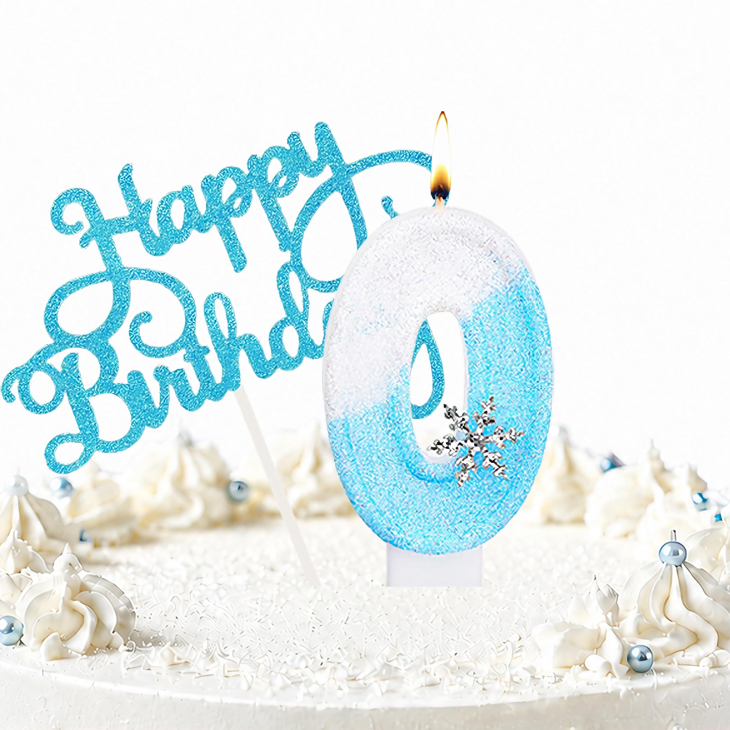 Snowflake Birthday Candles, Blue Glitter Snowflake Number Candle with Themed Birthday Decorations, 2PCS Cake Toppers for Girls Birthday Party (0 Candle,Snowflake)