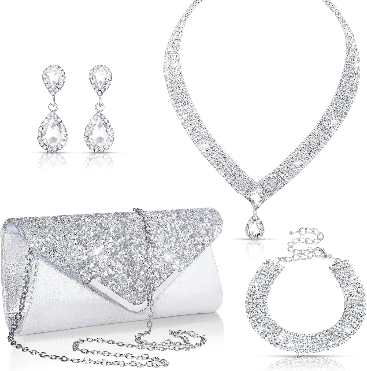 Tiamon 4 Pcs Women Rhinestone Clutch Purse Jewelry Set Silver Accessories for Evening Bride Wedding Party Cocktail Gift