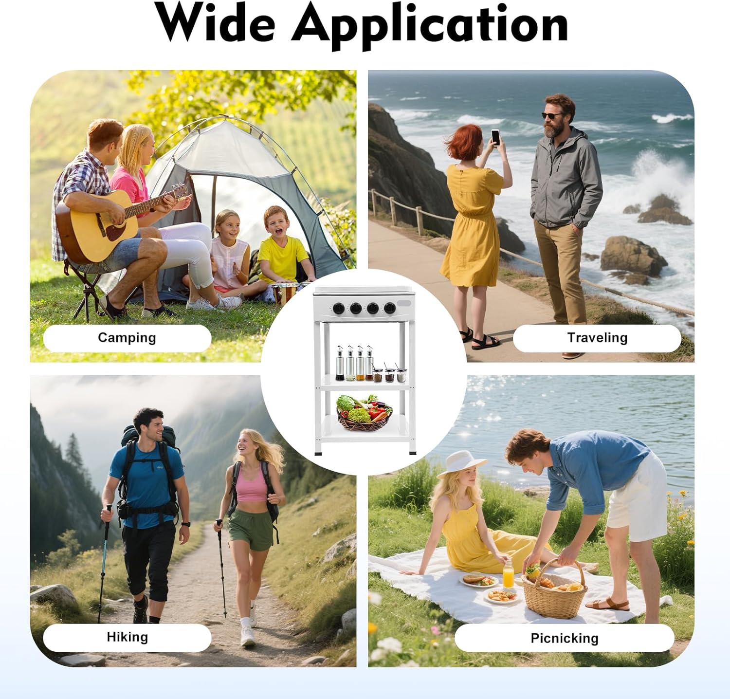 White Portable 4 Burner LPG Gas Stove, Portable Stainless Steel Camping Cooker with Double Layer Storage, Natural Gas Stove for Outdoor RV Apartment Cooking (White)