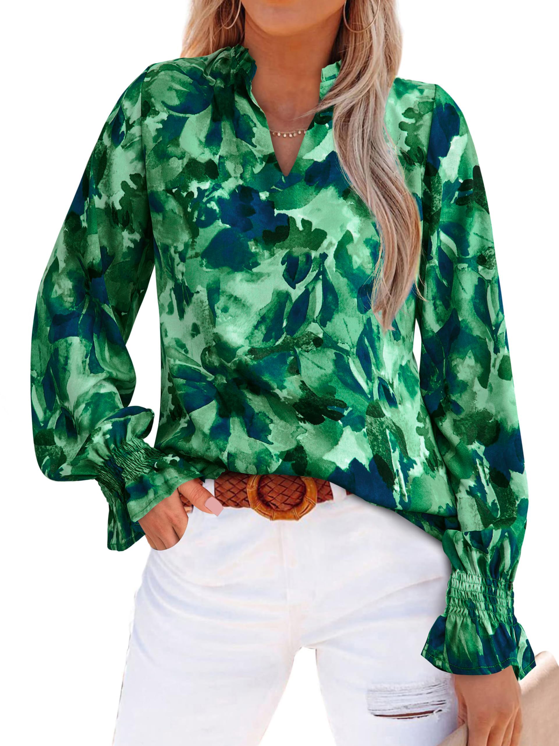 Womens V Neck Floral Long Sleeve Tops 2025 Summer Casual Loose Puff Sleeve Chiffon Boho Work Blouse Dressy T Shirts