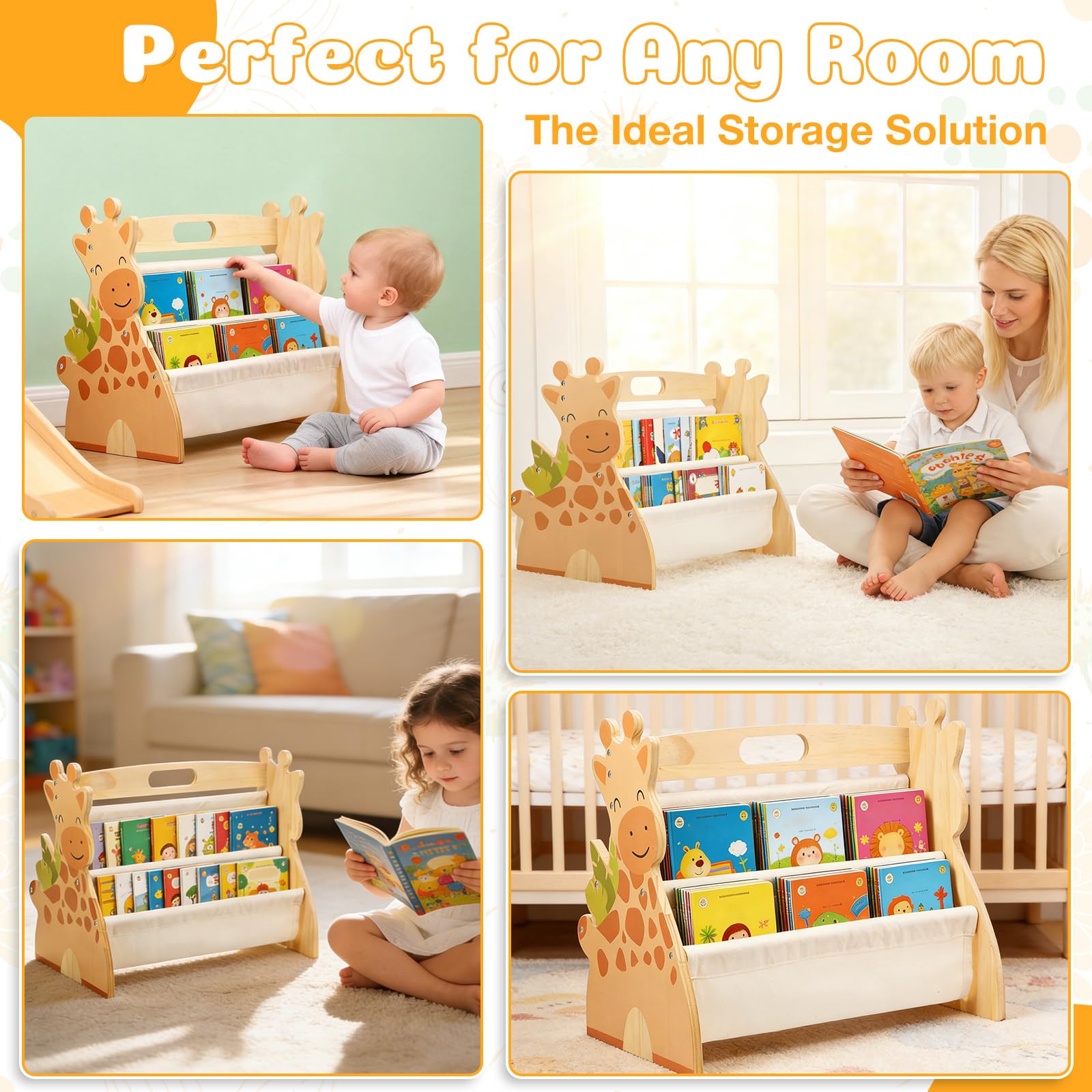 Kids Bookshelf Double Sided 4 Tier Portable Wood Toddler Montessori Book Shelf for Kid Room Nursery Bedroom Playroom - 3