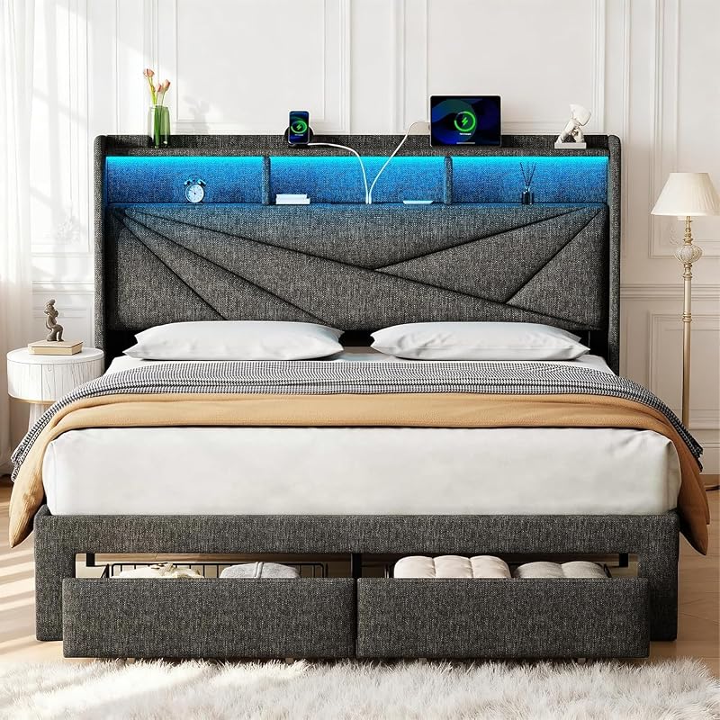 Queen Bed Frame with 2 Storage Drawers and Upholstered Headboard