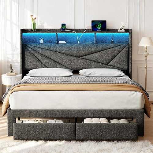 King Size Bed Frame with 2 Storage Drawers,Upholstered Headboard | LED Light, Charging Station, No Box Spring Needed, Easy to Assemble, Dark Grey