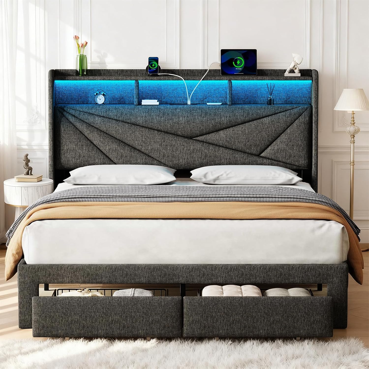 Queen Bed Frame with 2 Storage Drawers