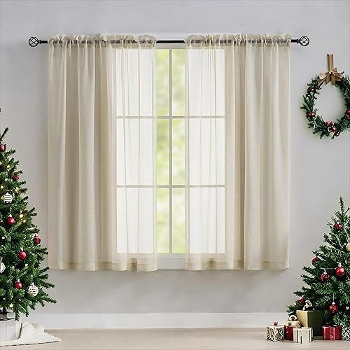 Vista 15 de Home Brilliant Natrual - Cortinas traslúcidas de lino beige cálido para ventana, para dormitorio, casa de campo semitransparente para niños