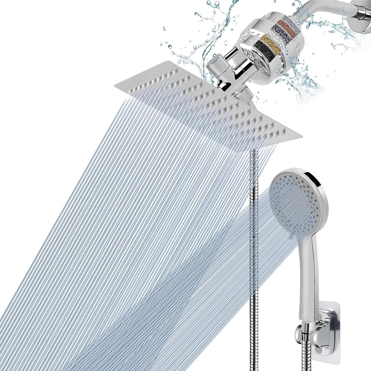NearMoon Filtered Shower Head, High Pressure 8?Square, 5 settings Handheld Rain Shower Filter Combo with Self-adhesive Holder/1.5M Hose -1 Replaceable Filter Cartridge (Chrome Finish)