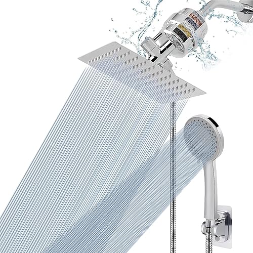 NearMoon Filtered Shower Head, High Pressure 8″Square, 5 settings Handheld Rain Shower Filter Combo with Self-adhesive Holder/1.5M Hose -1 Replaceable Filter Cartridge (Chrome Finish)