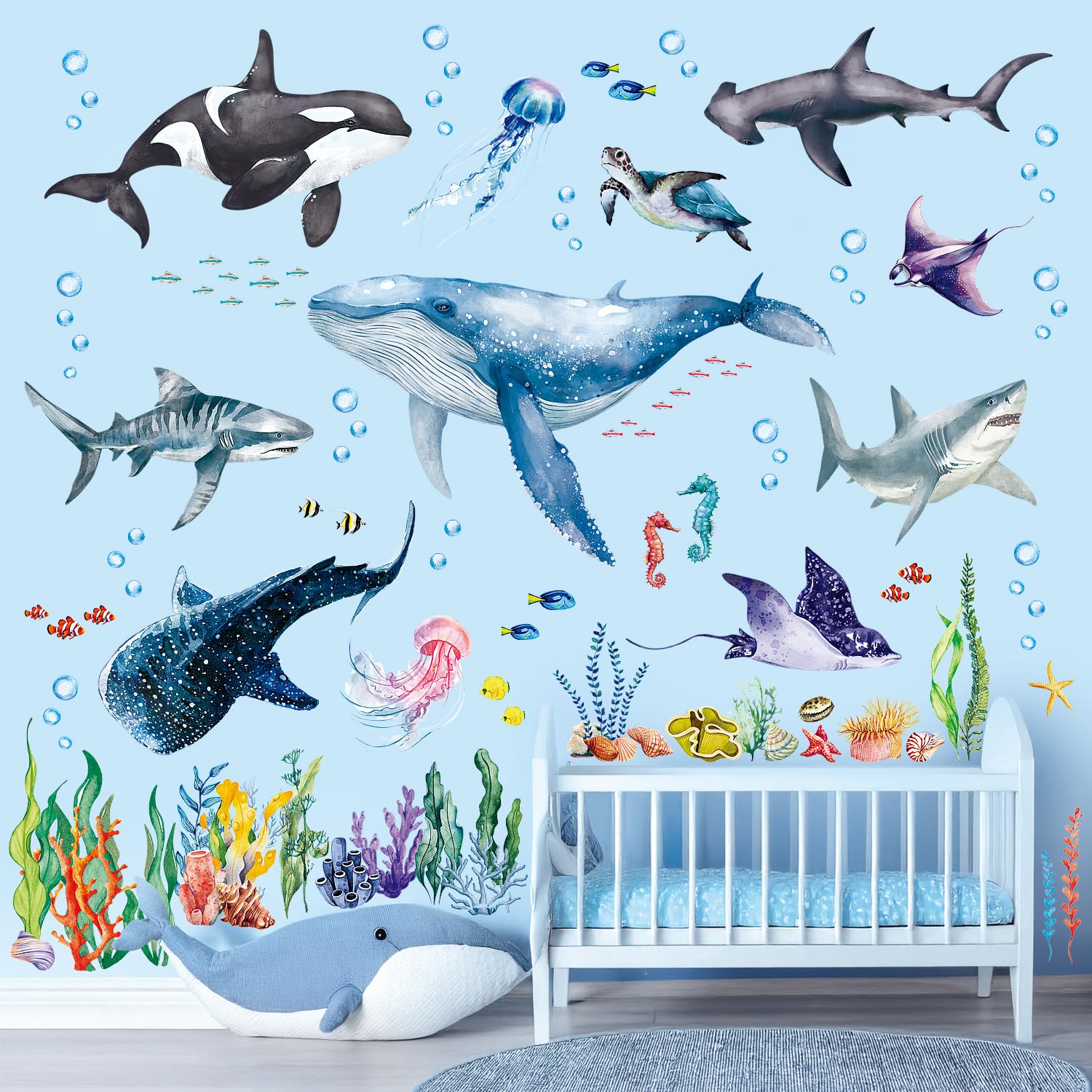 DECOWALL Under the Sea Large Wall Stickers Whale, Shark & Sea Creature Decals for Kids Bedroom Bathroom & Nursery Decor