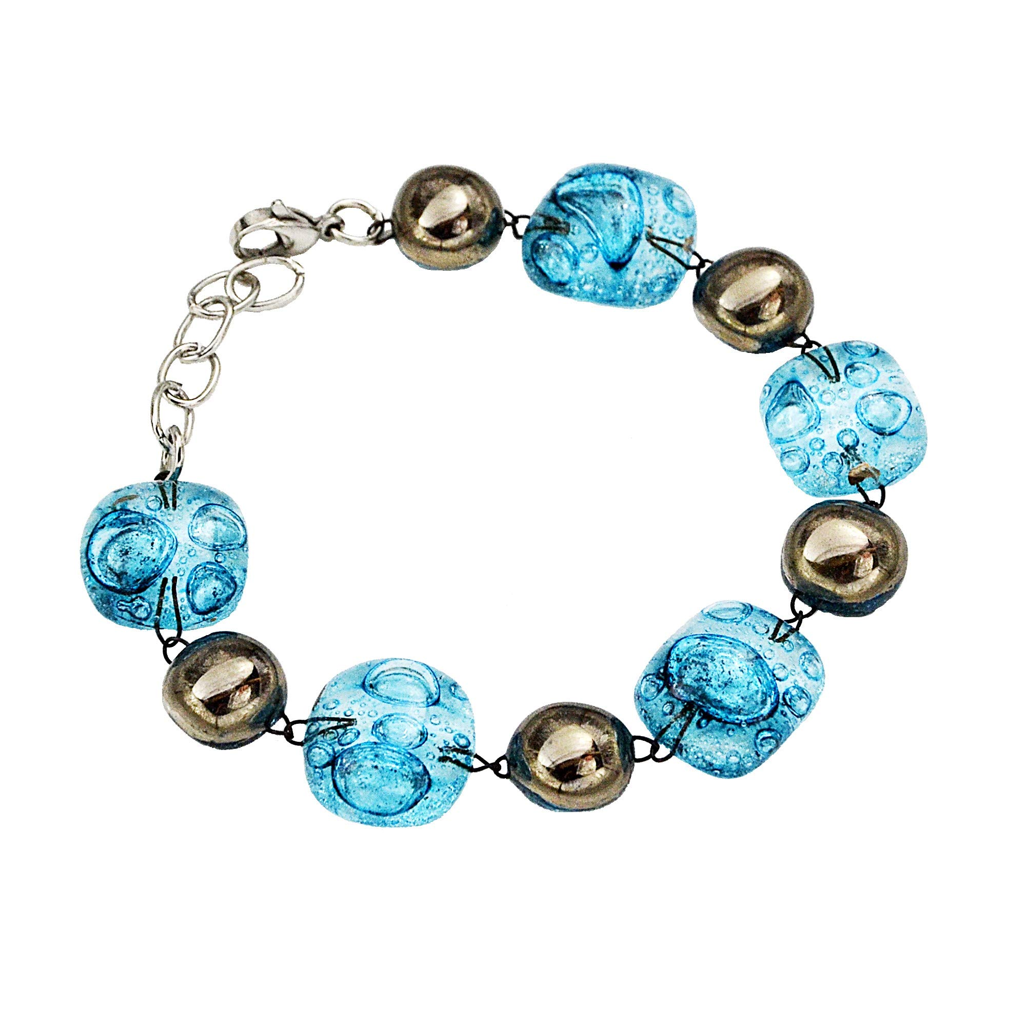 Pulsera turquesa para mujer • Vidrio burbuja checo con platino y acero quirúrgico • ancho 1,5 cm • joyería de marca • hecho a mano
