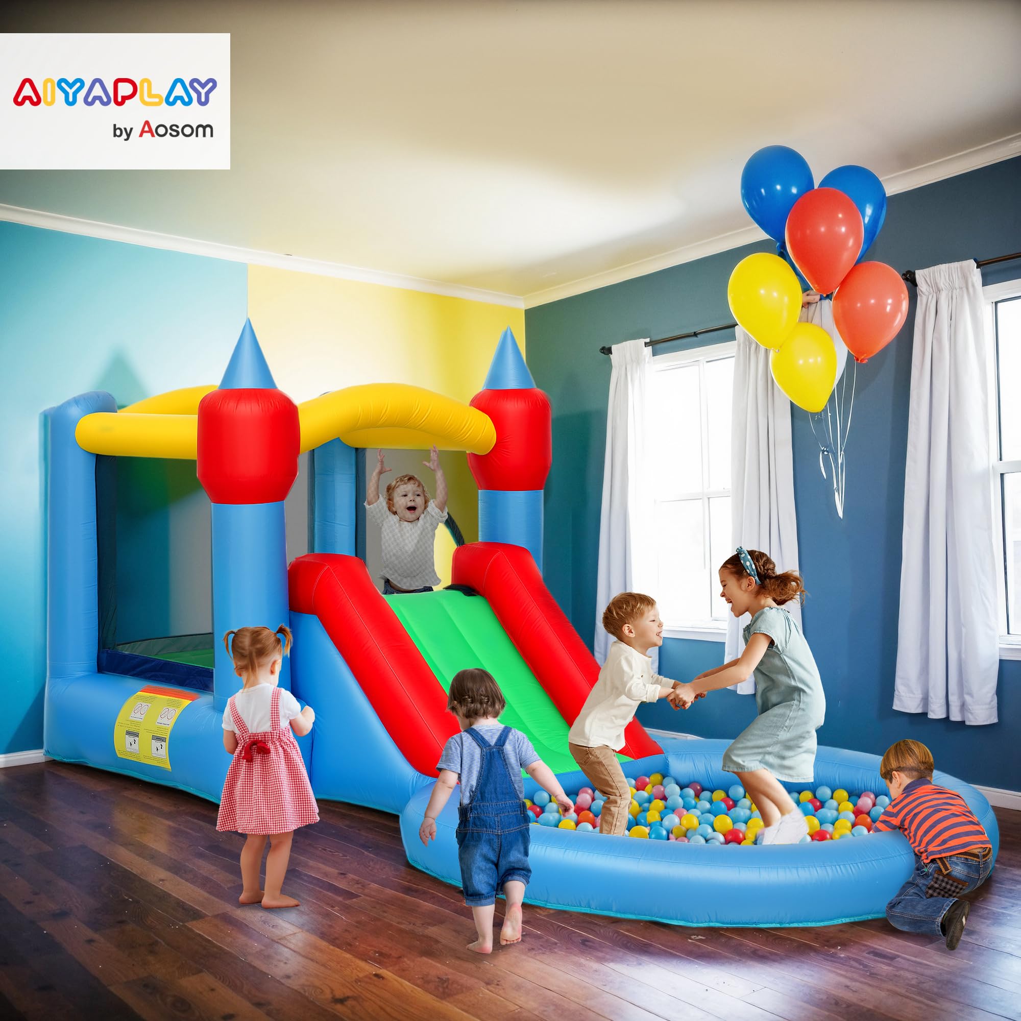 AIYAPLAY Castello Gonfiabile per Bambini 4 in 1 con Scivolo, Trampolino, Piscina Palline, Canestro, Borsa da Trasporto e Soffiatore, per Interni ed Esterni, adatto a 3-8 Anni, 415x205x190 cm