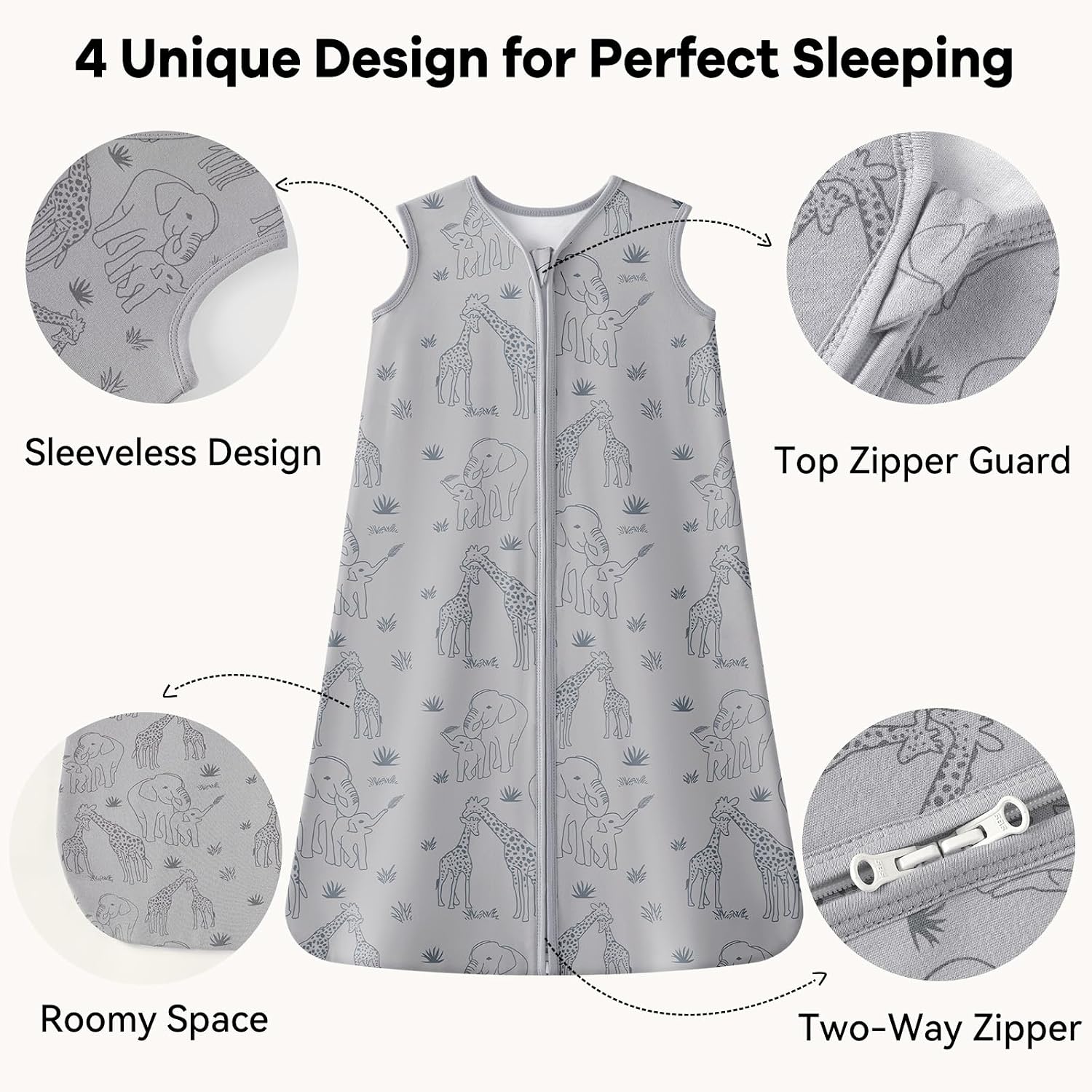 Unnivoll Baby Sleep Sack 0-6 Months 1.0 Tog Baby Wearable Blanket 100% Cotton Sleeping Sack with 2-Way Zipper for Infant Newborn Apricot & Gray Elephant