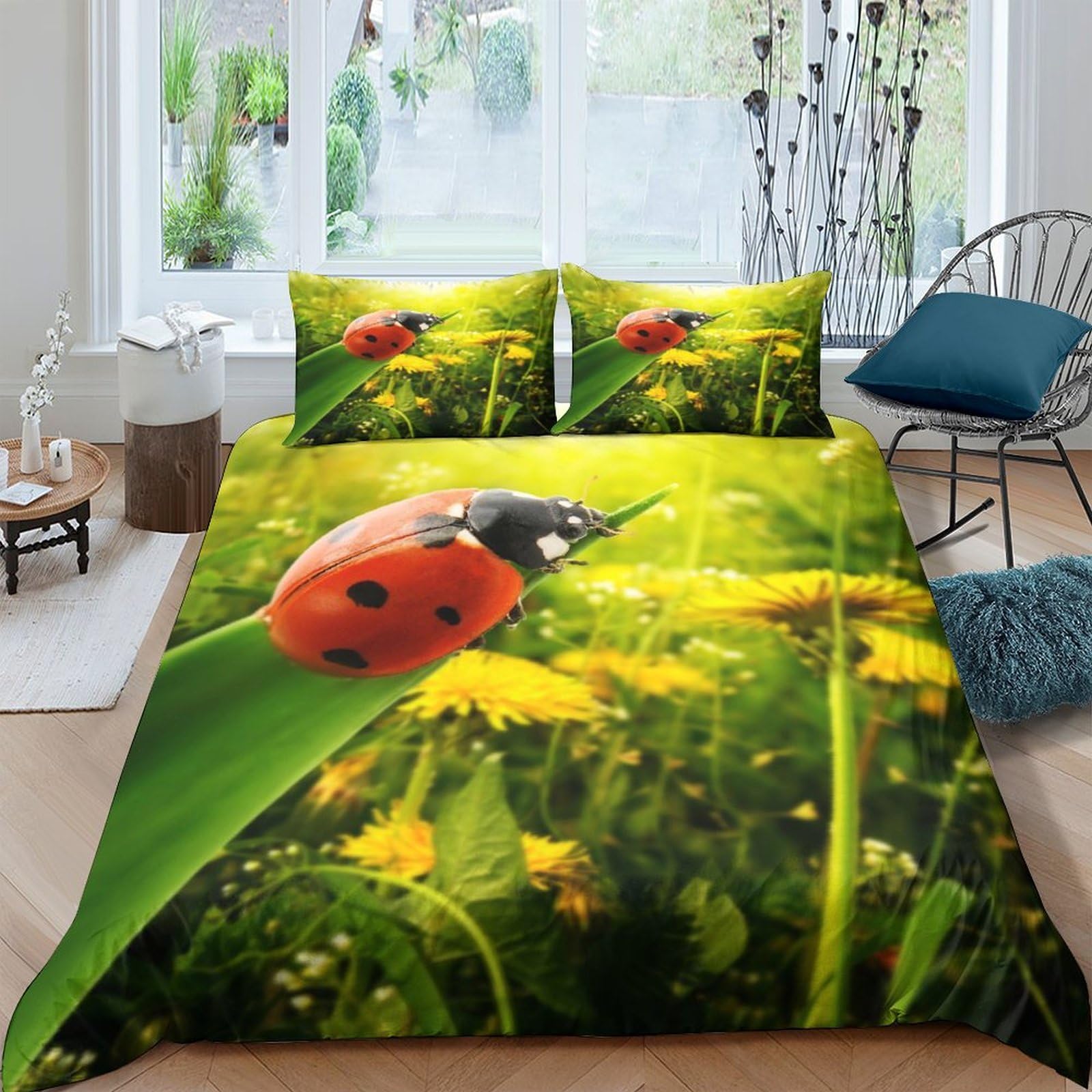 Ctjqhvkz Style-7 3D Printed Ladybug Meadow Fitted Sheet Microfiber Soft Green Yellow Dandelion Mattress Cover Bedroom Guest Room Decor Single（135X200cm）