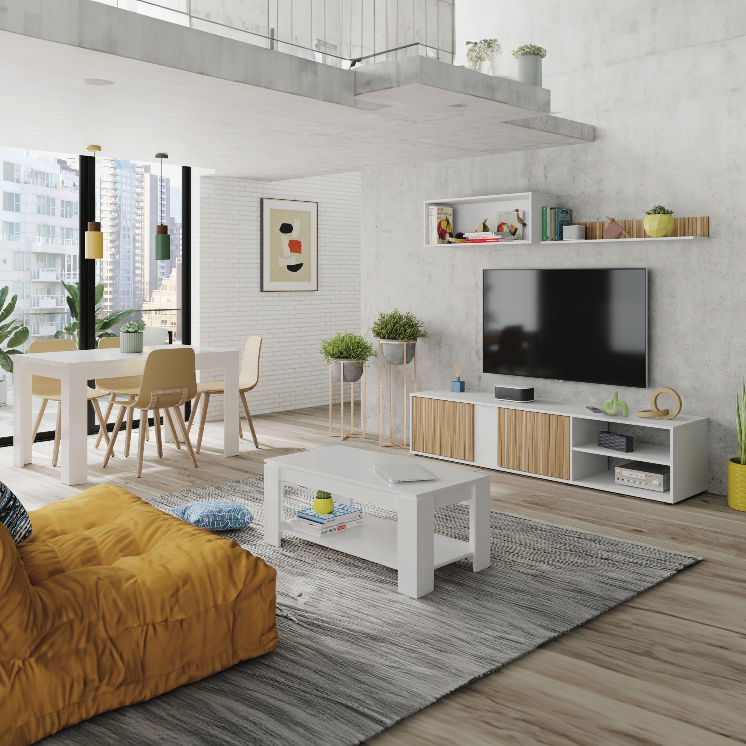 duehome | Conjunto Reversible de Salon, Mueble de TV, Modulos de Comedor, Modelo Alix, Acabado en Blanco Artik y Natur, Medidas: 180 cm (Largo) x 33 cm (Fondo) x 40 cm (Alto)