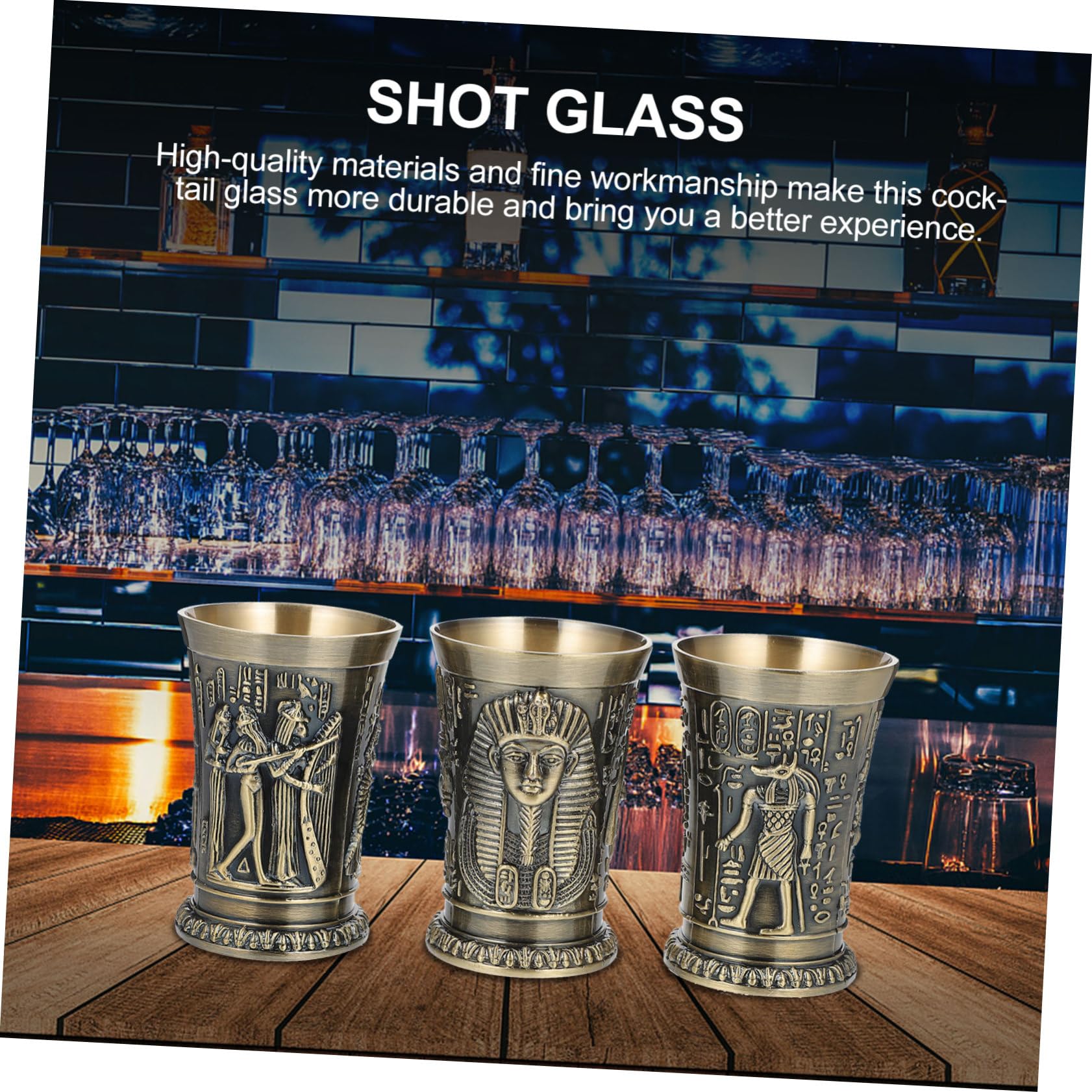 Verres à Shot Lot de 3 Design Égyptien Unique en Alliage de Zinc Or Vintage Fond Stable, pour Maisons et Bars