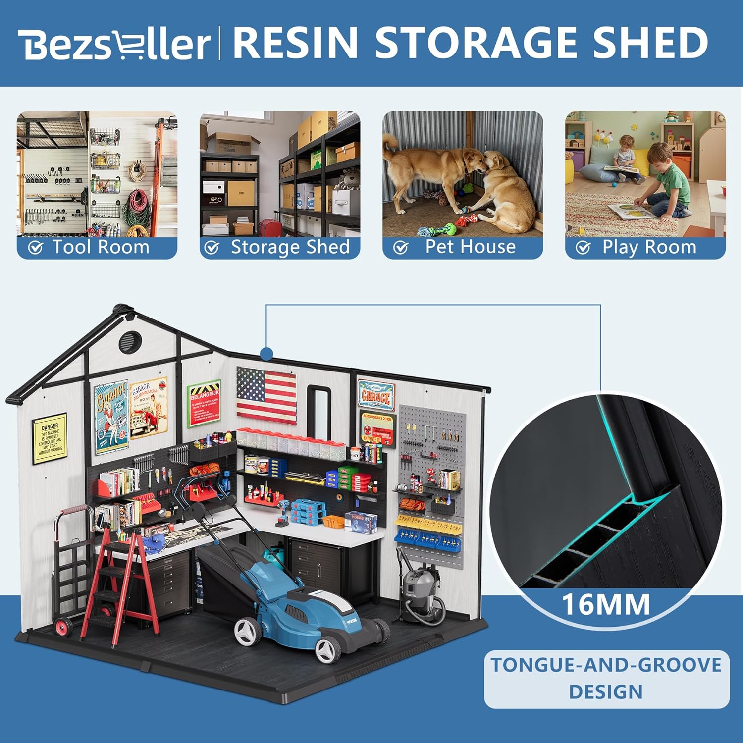 Bezseller 8x8 Resin Storage Shed with Floor, Outdoor Plastic Shed for Backyard, Lawn Equipment & Patio Furniture, Waterproof UV-Resistant Tool Shed with Interlocking Panels, White