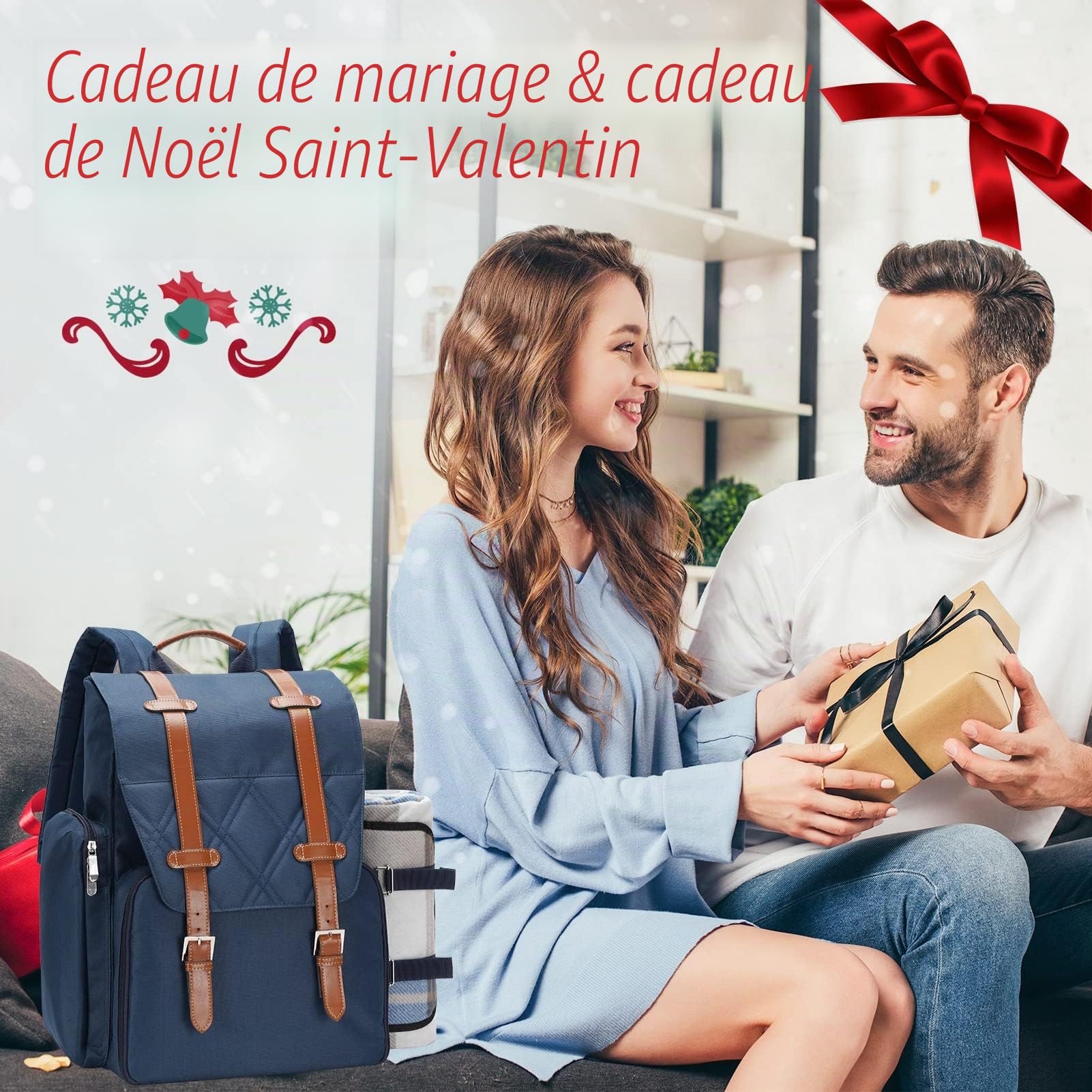Sac à dos de pique-nique pour 4 personnes avec grand sac isotherme, panier de pique-nique avec pochette à vin, couverture de pique-nique imperméable et ensemble de couverts. Parfait pour le camping