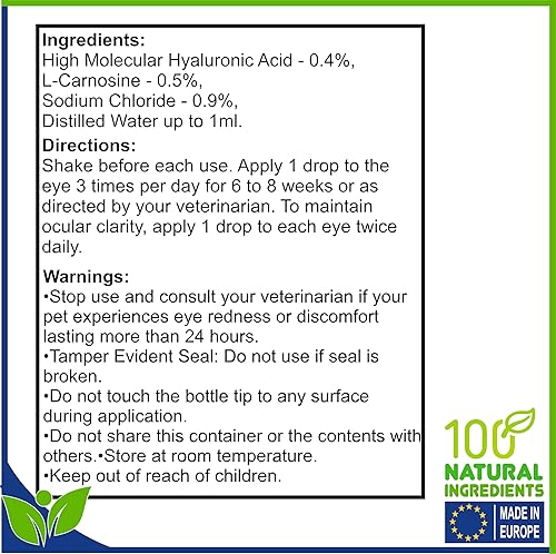 Miniatura 2 de Gotas de gel lubricante para ojos 15ml con ácido hialurónico 0.4% y L-carnosina para mascotas Gato&Perro, hidratante, calma la sequedad e irritación