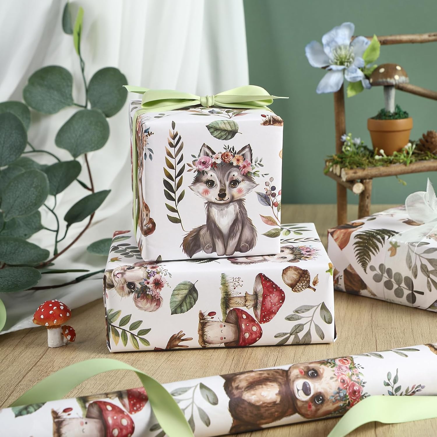 WRAPAHOLIC Kraft Woodland Animal Wrapping Paper Roll - Mini Roll - 17 Inch x 16.5 Feet - Greenery Woodland Forest Animals Design Perfect for Baby Shower, Kids Girls Boys Birthday image 4