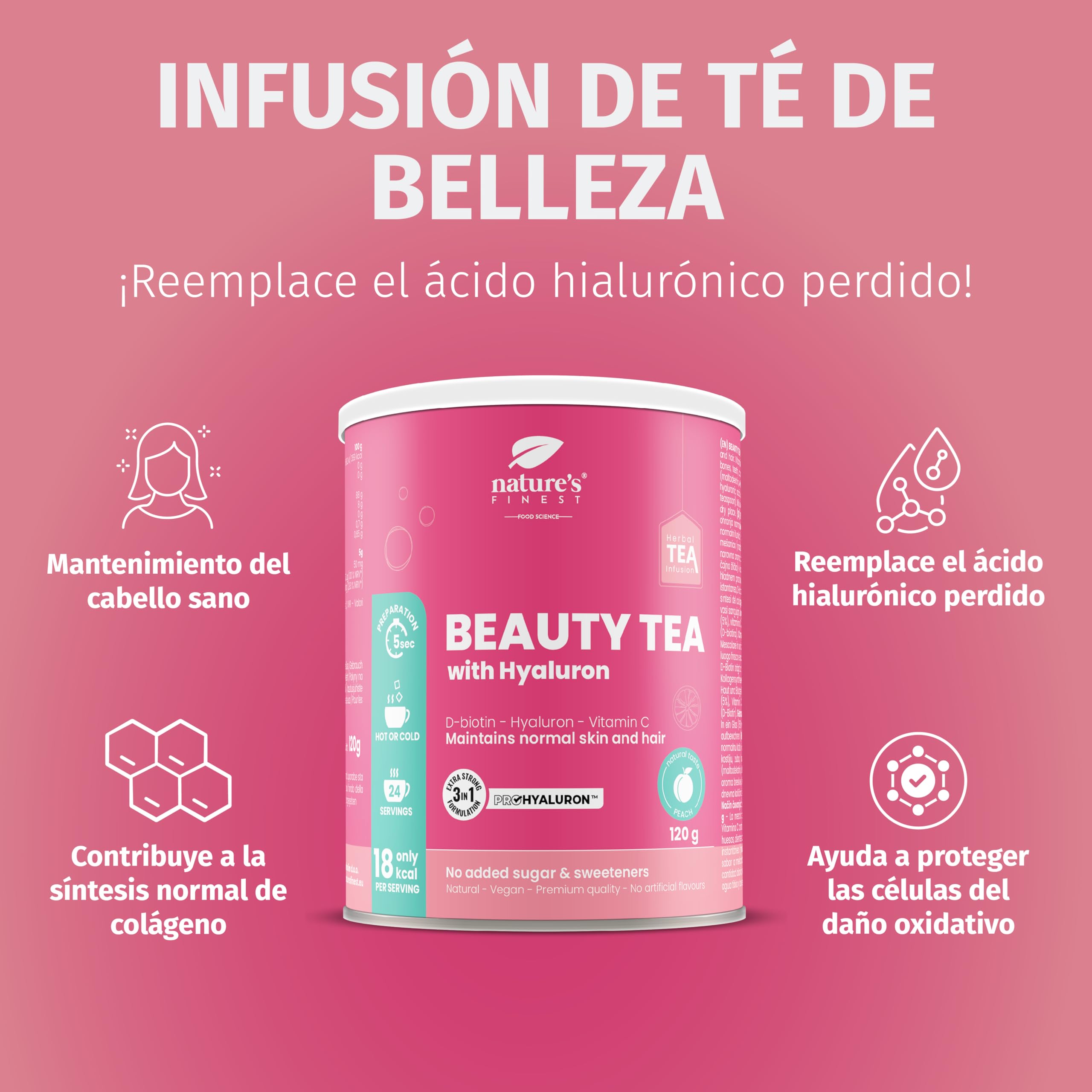 Nature's Finest Beauty Tea, Té Instantáneo 600 g (Paquete de 5) | té instantáneo con ácido hialurónico, biotina y vitamina C - sabor melocotón - sin edulcorantes - se disuelve en agua tibia