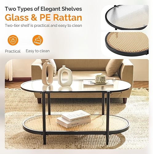 Miniatura 9 de VINGLI Mesa de centro de cristal, mesa de centro redonda de 30 pulgadas, mesas de centro negras para sala de estar, mesa auxiliar de vidrio Negro