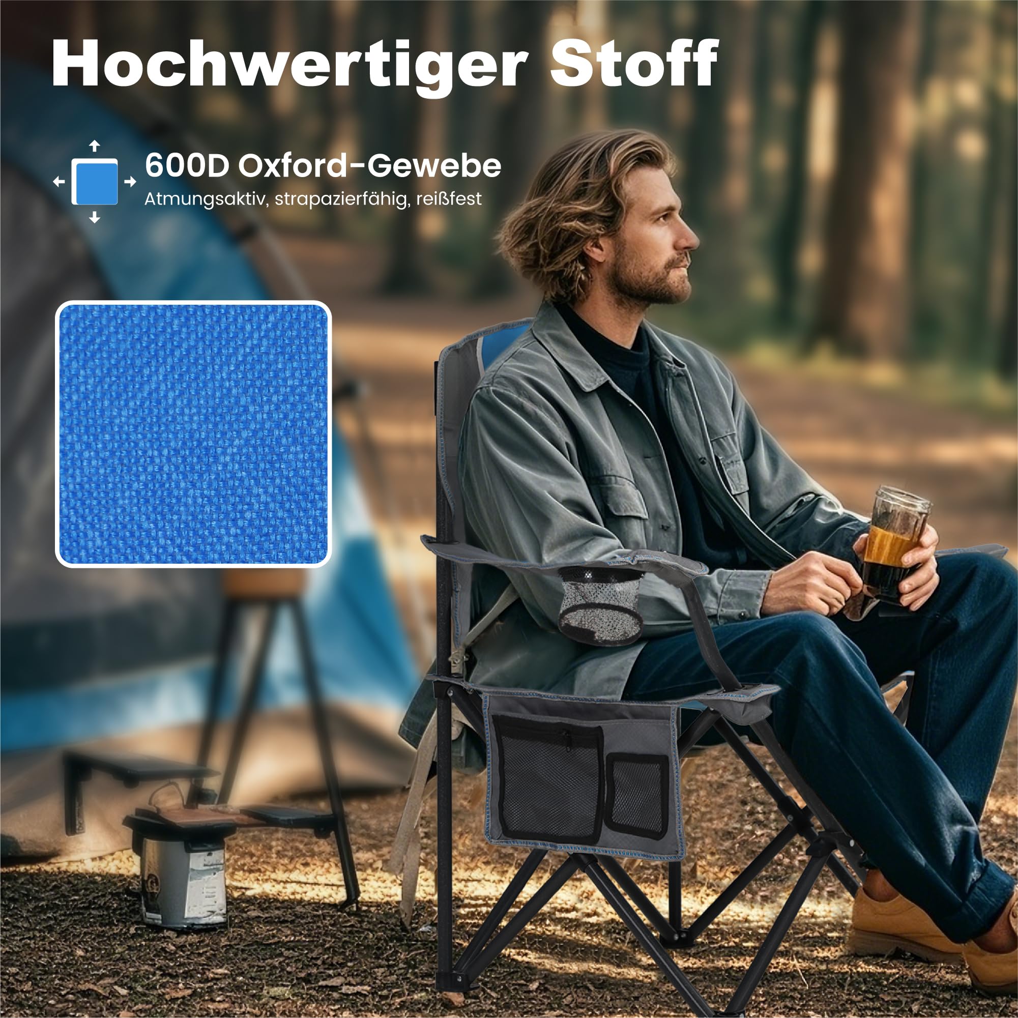 LET'S CAMP Silla plegable para camping, hasta 160 kg | Con soporte para bebidas, bolsa de transporte XL, silla plegable, color azul