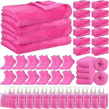 Chicingyou 36 Pcs Sleepover Party Supplies for Girls Including Warm Flannel Blanket Fuzzy Socks Ribbon and Gift Bag for Sleeping Slumber Spa Birthday Party Gift FavorRose Red