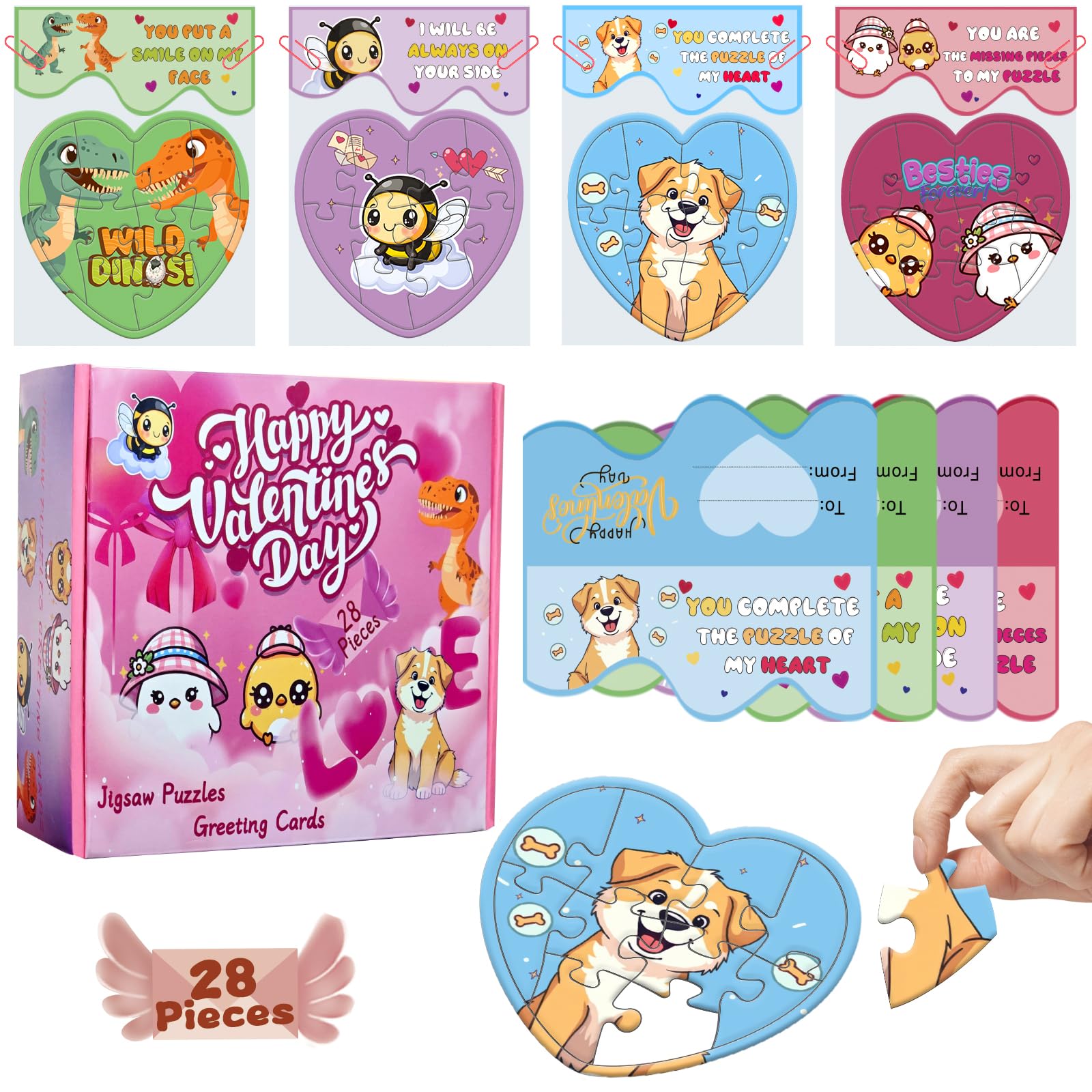 Offerife Valentine Puzzle Set: 28 Pack Heart Jigsaw Puzzles & Cards - Toddler Valentine's Day Gifts for Boys & Girls Ages 3-12