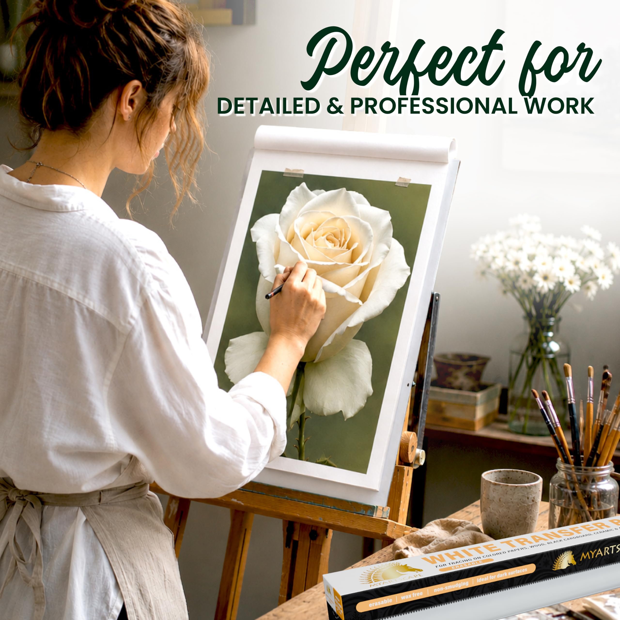 MyArtscape Rotolo di carta trasferibile bianca, 43,2 cm x 9,1 m, in grafite senza cera, per tracciare e disegnare su legno, tela, cartone, ceramica e superfici scure, cancellabile, senza sbavature, su