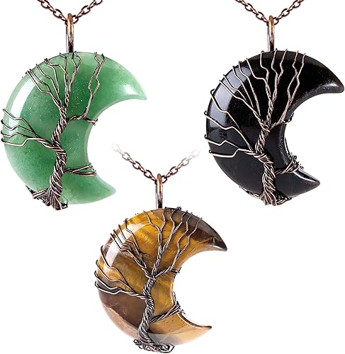 Bivei Tree of Life Crescent Moon Necklace Copper Wire Wrap Natural Gemstones Pendant Crystals and Healing Stones Necklace