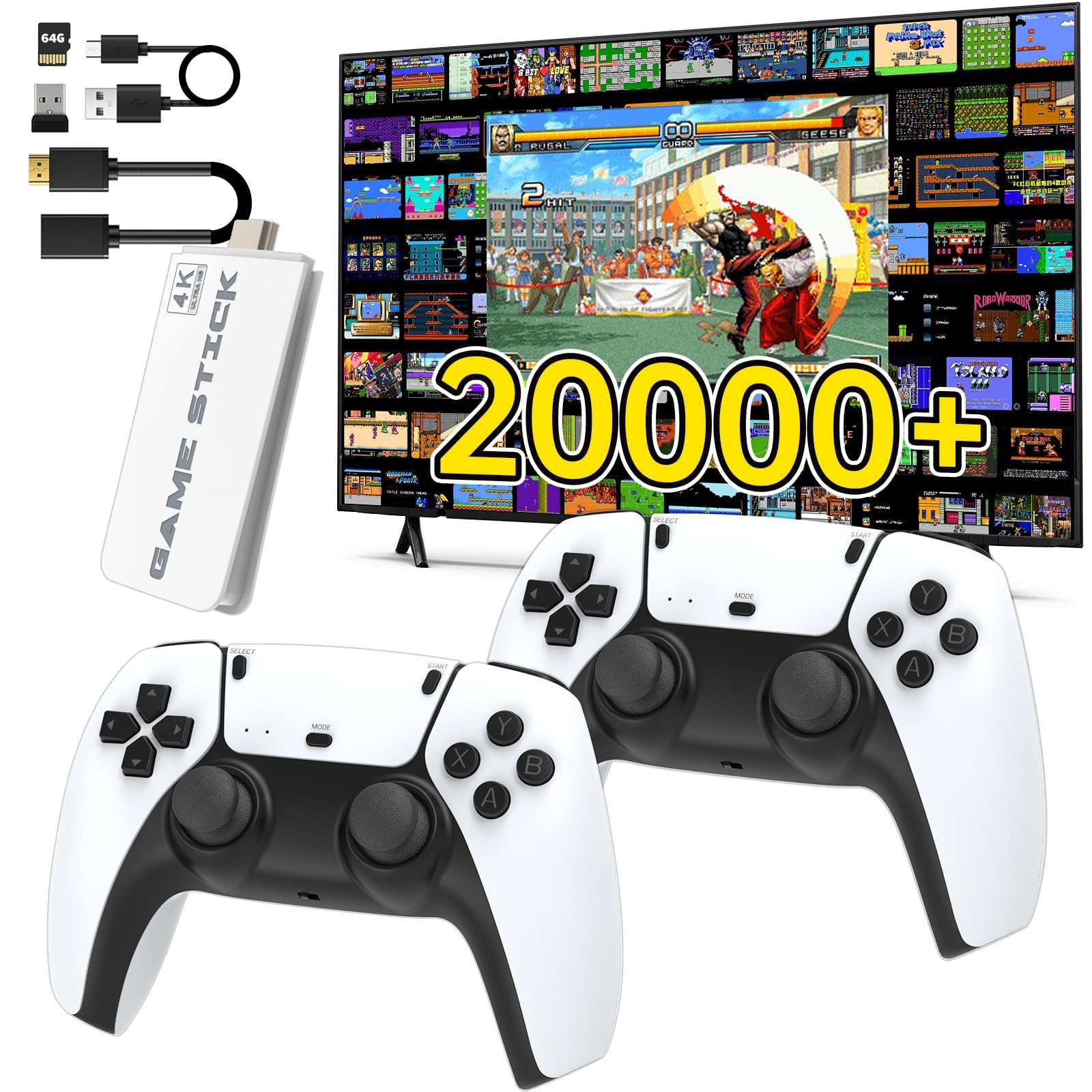 Wireless Retro Gaming Console Stick - 20000+ Classic Games With Dual Controllers 64GB