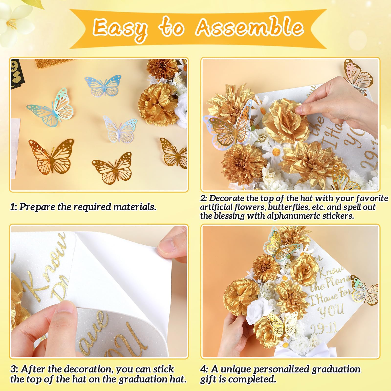 80UncleKimby Graduation Cap Decorations: DIY Grad Hat Topper Kit, Include Flowers Glitter Stickers Letters Butterflies - Handmade Decoration(No Glue, With Cap - View #11