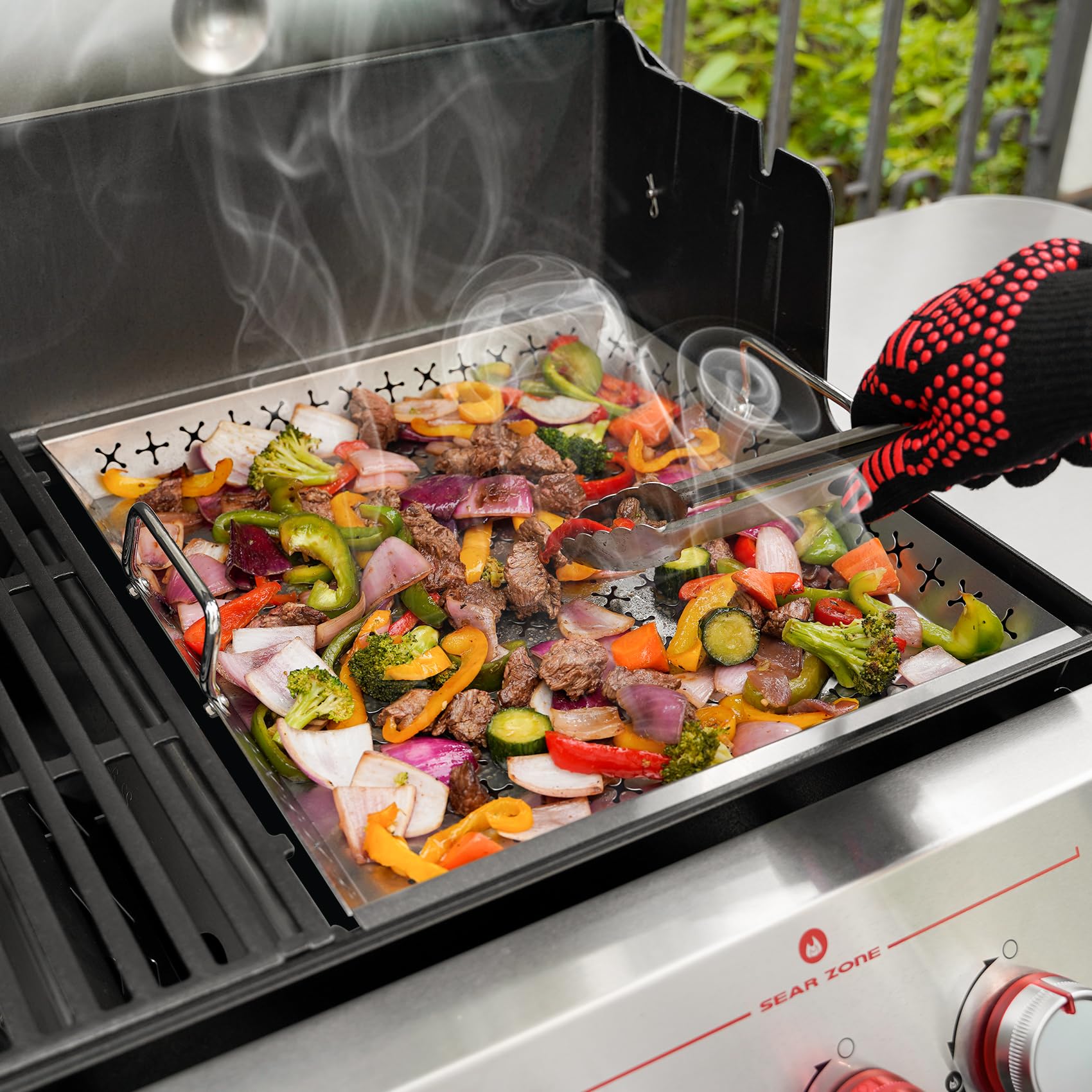 Onlyfire Cesta de Parrilla de Acero Inoxidable，Bandeja para Barbacoa con Mango Desmontable para las Parrillas de Gas Weber Genesis 2022, para Verduras, Pescado, Carne, Brochetas