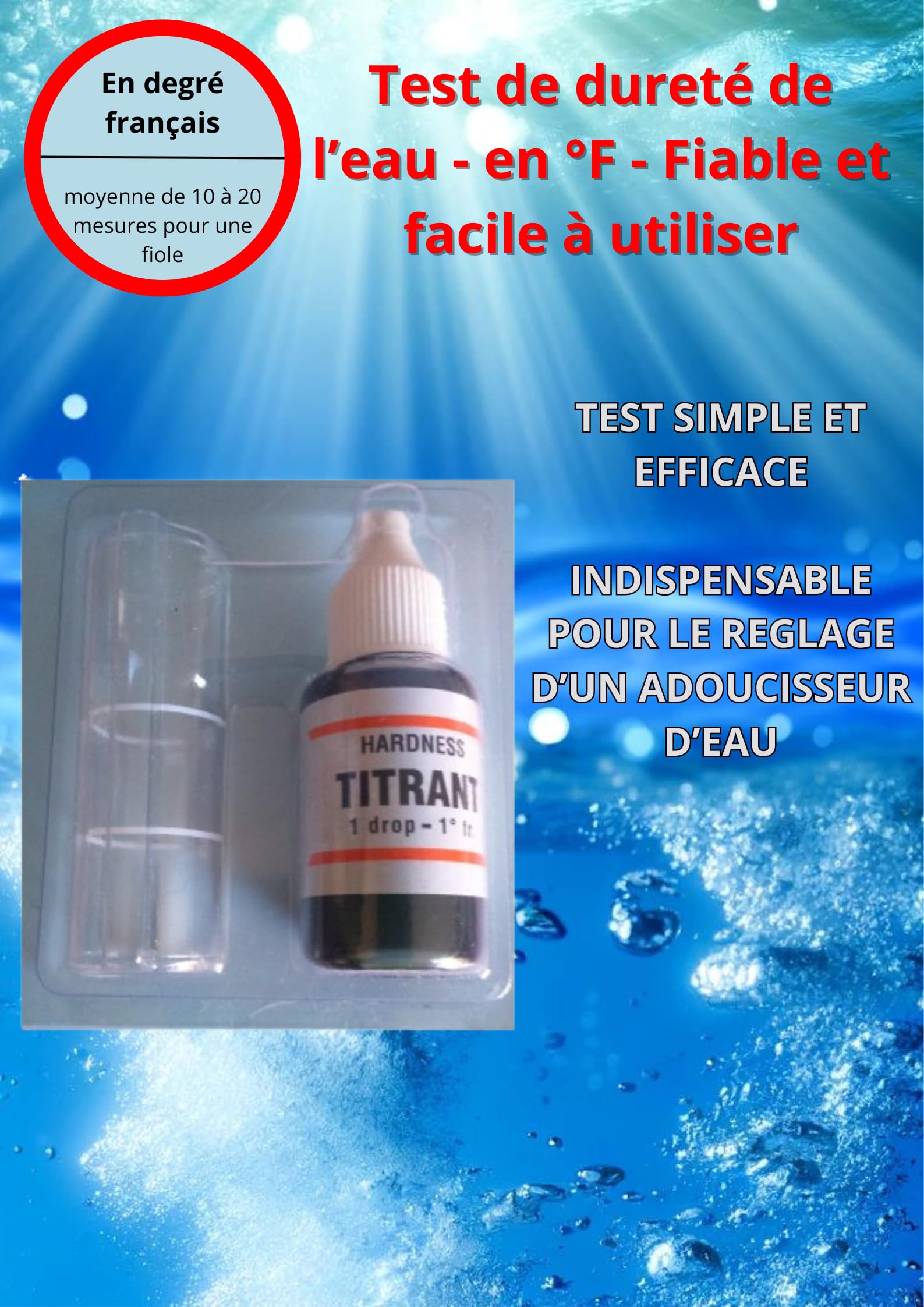 Générique Titrant Test analyse dureté totale eau, réactif unique (TH en dégré français)