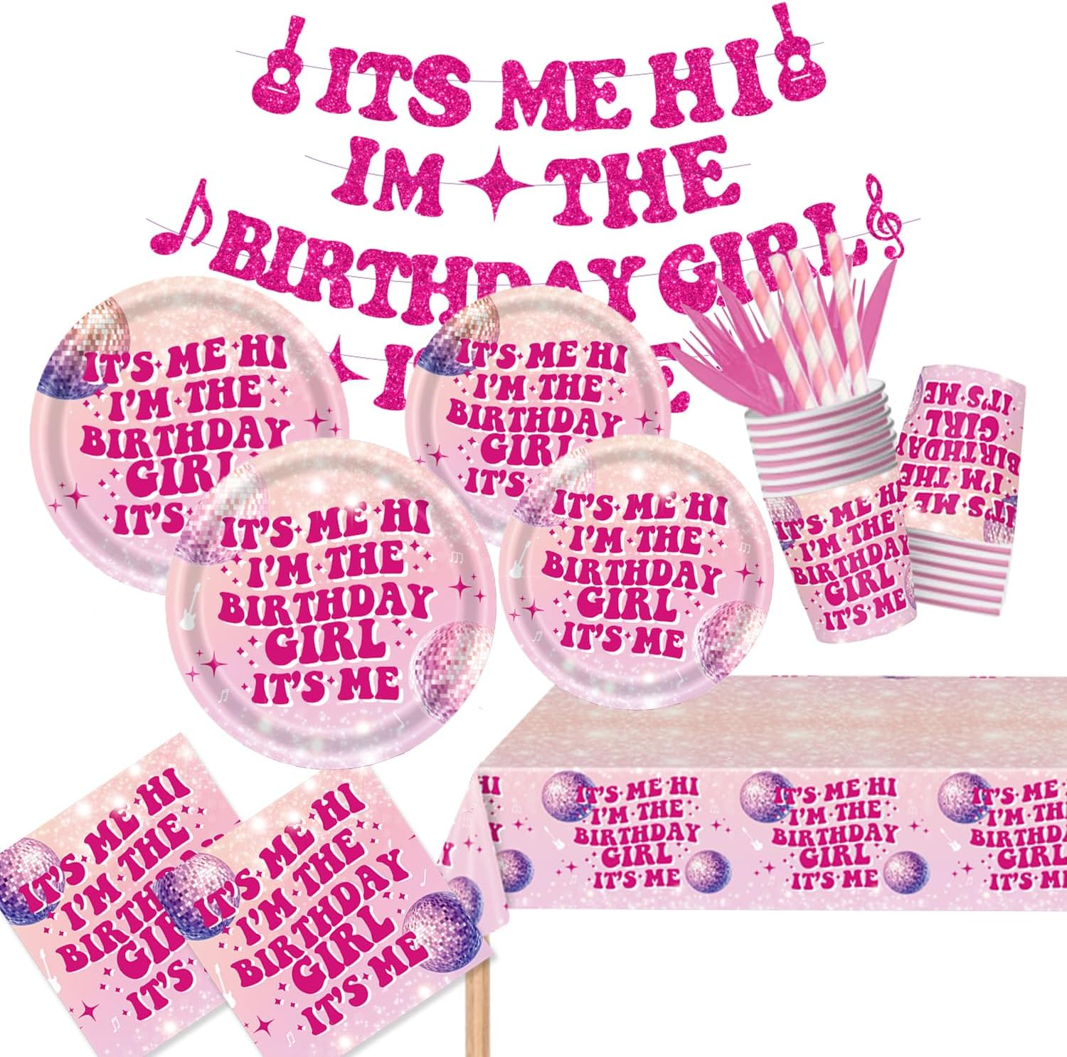 GalaHub 194 Pcs Its Me Hi Im The Birthday Girl Its Me Party Supplies Serve 24, Includes Plates, Cutlery, Tablecloth & Banner for Music Birthday Theme Decorations
